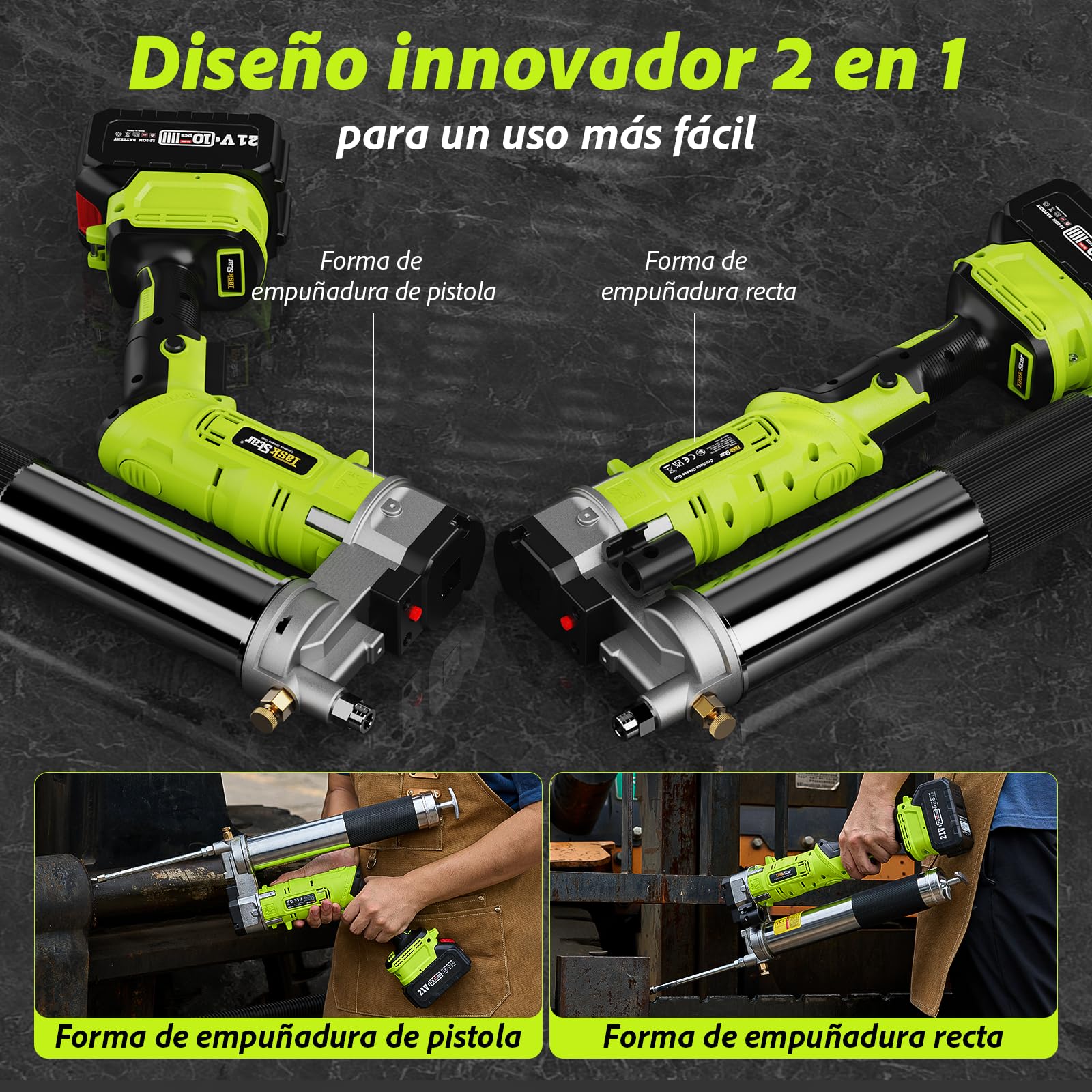 TaskStar Engrasadora 2 en 1 con 2* Baterías de 4000 mAh, [Mucho más Fácil de Usar] Engrasadora a Batería con Adaptador de Acoplador de Pistola de Engrasar de 90 Grados, y Luz LED Brillante