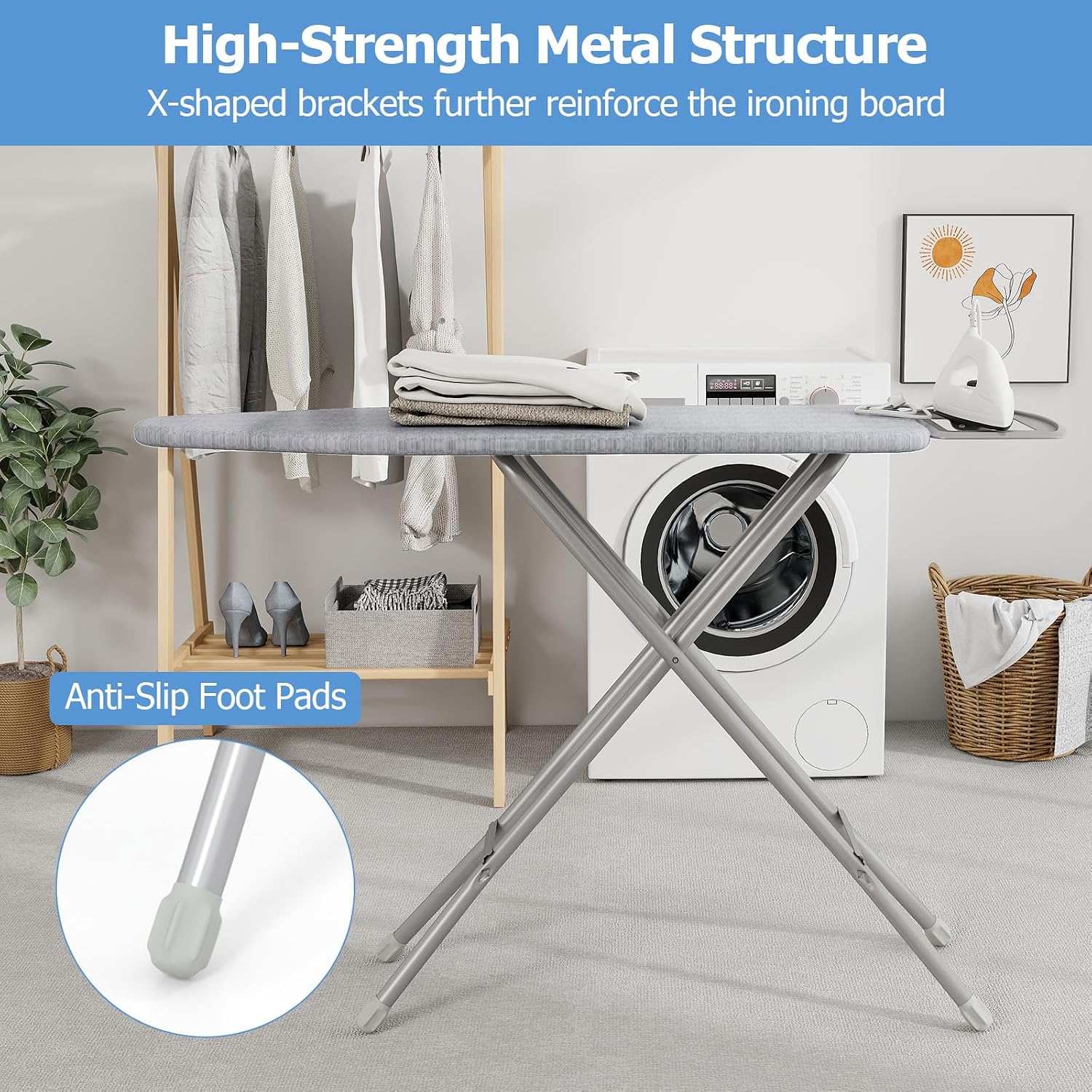 Giantex Full Size Ironing Board with Iron Rest, 57" x 15" Carbon Steel Table with 7-Level Height & Heat Resistant Cover, Foldable 4-Layer Iron Board for Home, Dorm & Laundry Room (Gray)