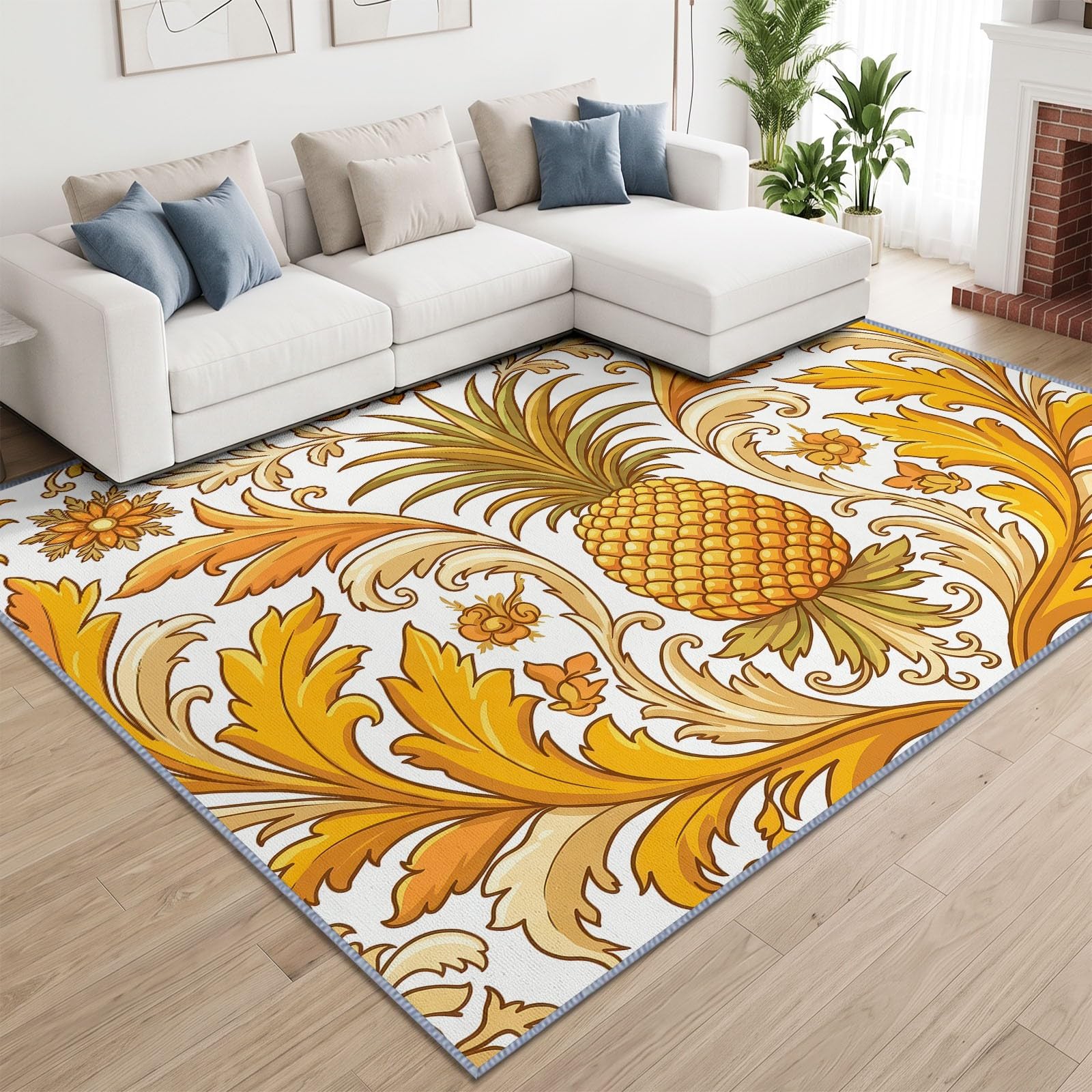 Dywany, barokowy, adamaszkowy dywan do salonu, 120 x 170 cm, nadaje się do prania, antypoślizgowy, miękki, niski runo, ananas, liście akanasa, do sypialni, kuchni, jadalni, przedpokoju, przy łóżku
