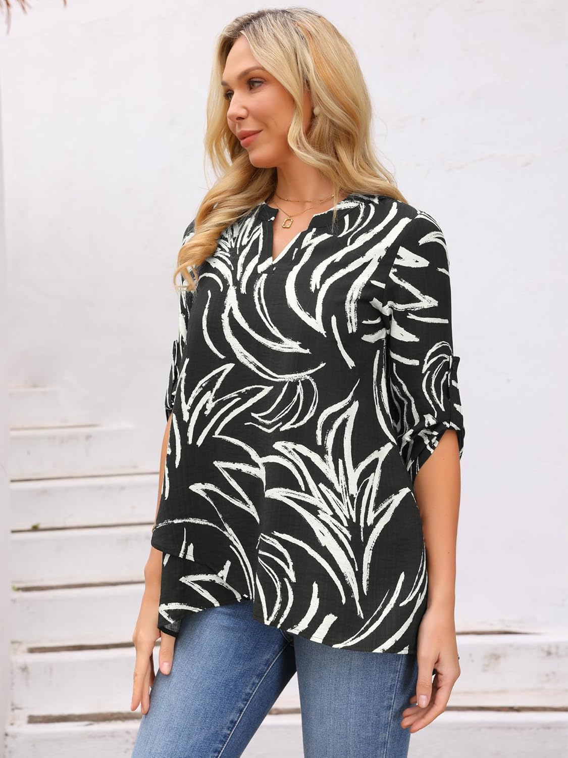 Seta T Womens High Low Top Floral Print Casual V Neck Roll Up 3/4 Sleeve Shirts Flowy Dressy Tunic Blouses - Image 5