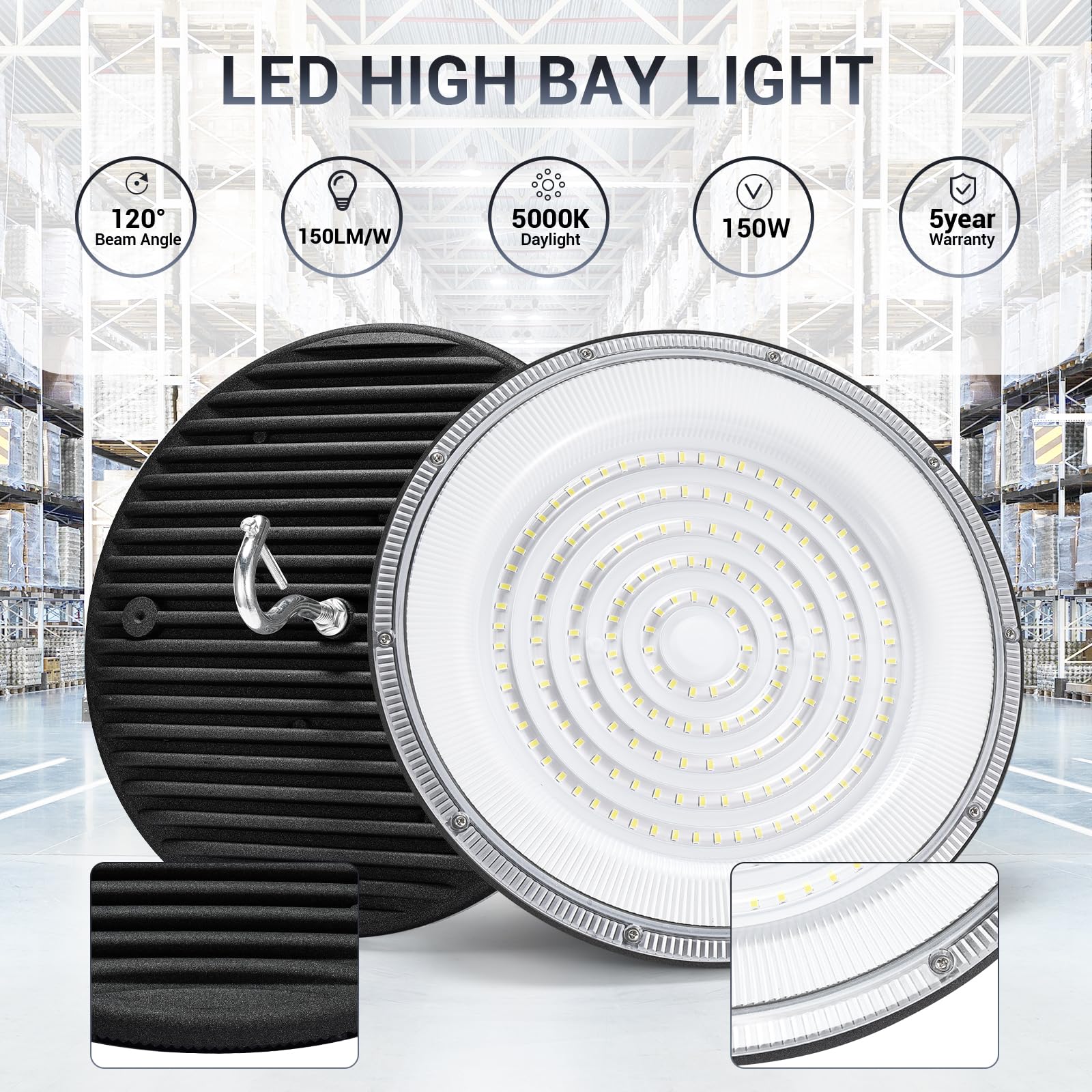XYCN 6 Pack 150W UFO Led High Bay Light,120VAC,21050LM 5000K Daylight Area Lighting,IP66 Waterproof 650W MH/HPS with Plug Commercial Bay Lighting for Warehouse/Shop/Workshop/Barn/Gym/Factory