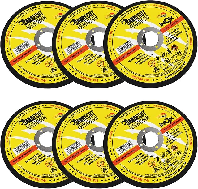 6 x SabreCut SCACD125A 125mm (5") x 22.23mm Bore Professional Abrasive Stainless Steel INOX Cutting Angle Grinder Circular Saw Discs Compatible with Bosch Dewalt Makita Milwaukee and Many Others
