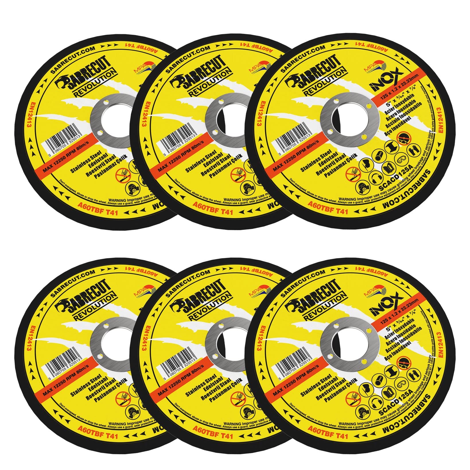 6 x SabreCut SCACD125A 125mm (5") x 22.23mm Bore Professional Abrasive Stainless Steel INOX Cutting Angle Grinder Circular Saw Discs Compatible with Bosch Dewalt Makita Milwaukee and Many Others