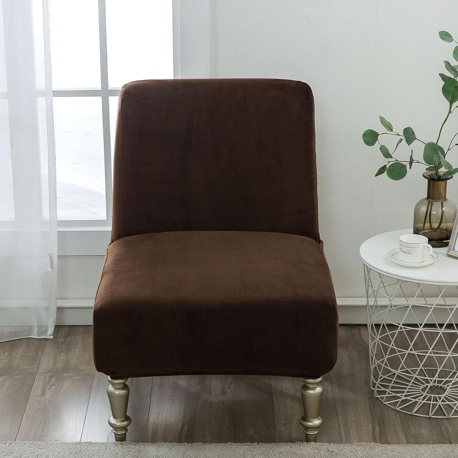 Velvet Armless Chair Cover, Skin-Friendly Elastic Fabric, Non-Slip Edge Design(Dark Coffee,2pcs)