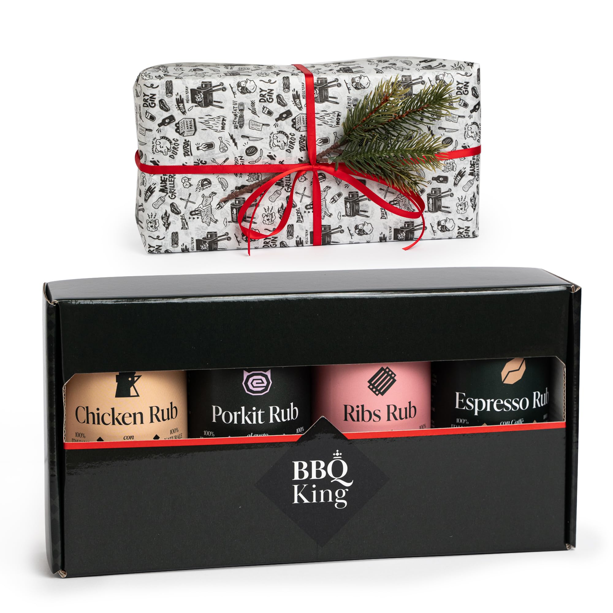Bbq King Spices Are Always The Secret Blancas/Negro/Carne Bbq King - Set De Regalo Navideño Bbq Rub, Ribs Rub 215 G, Chicken Rub 215 G, Espresso Rub 220 G, Porkit Rub 220 G, 100% Made In Italy, Ideal Para Los Amantes De La Barbacoa, Con Decoración Navideña