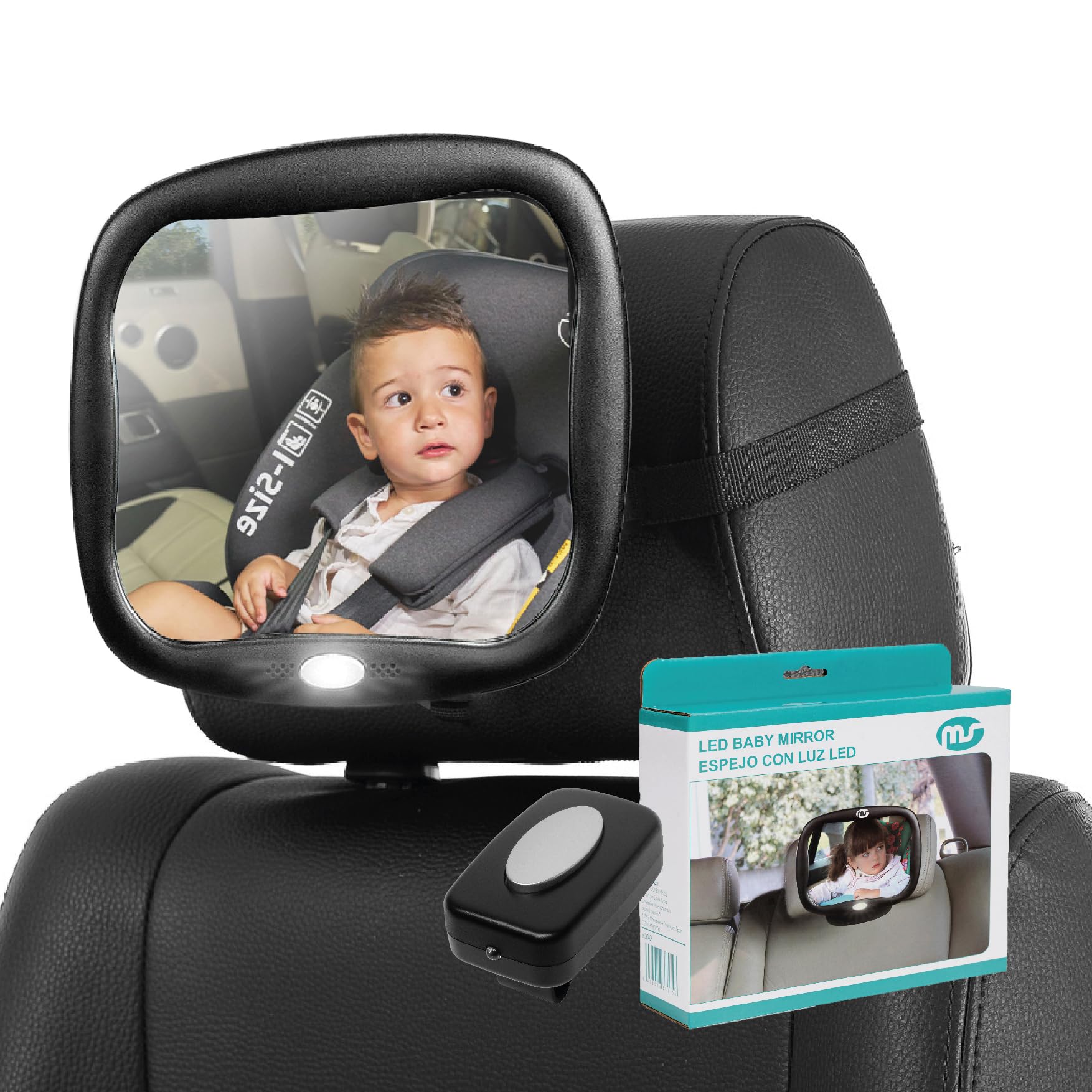 Ms - Espejo de coche para Bebé CON LUZ - Mando a distancia y rotación 360º con Caja Regalo - Instalación Universal