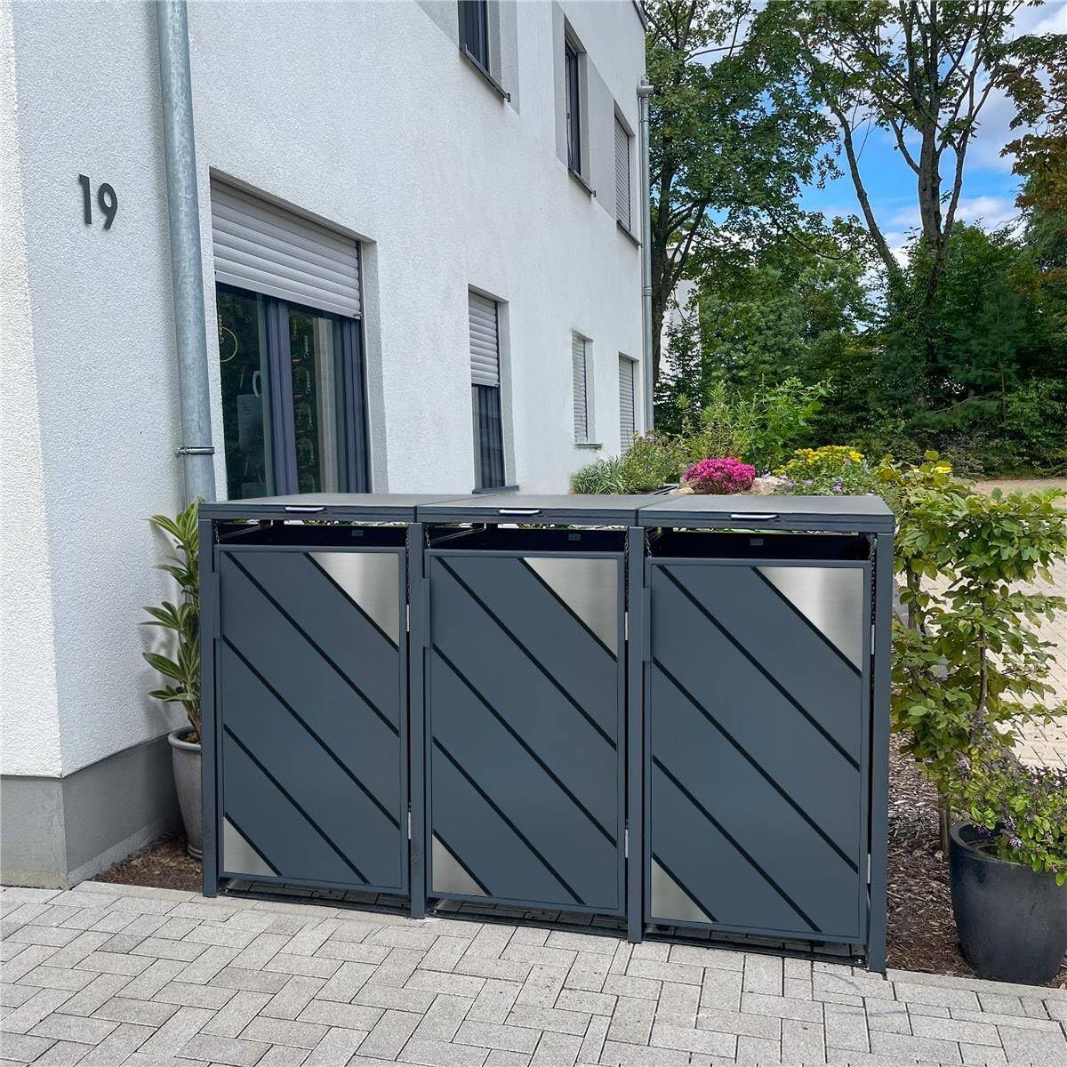 Metzler Mülltonnenbox 3er 240L Anthrazit mit Edelstahl Akzenten | Mülltonnenverkleidung für 3 Tonnen aus verzinktem Stahl | wetterfest mit Automatikdeckel und Soft Close
