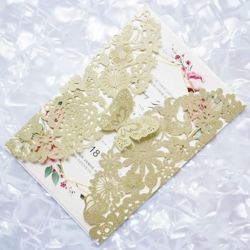 Miniatura 6 de Jofanza 50 invitaciones de boda con purpurina plateada cortadas con láser con mariposa y sobres, tarjetas de invitaciones de flora de encaje para
