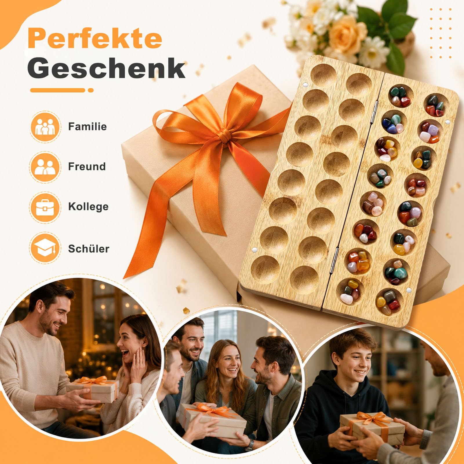 Steinchenspiel Holz mit Steinen, Klappbares Holzbrett, Edelsteinen Strategiespiele, Zweispieler Steinspiel für Familie Party Schule Reise, 65 Juwelen