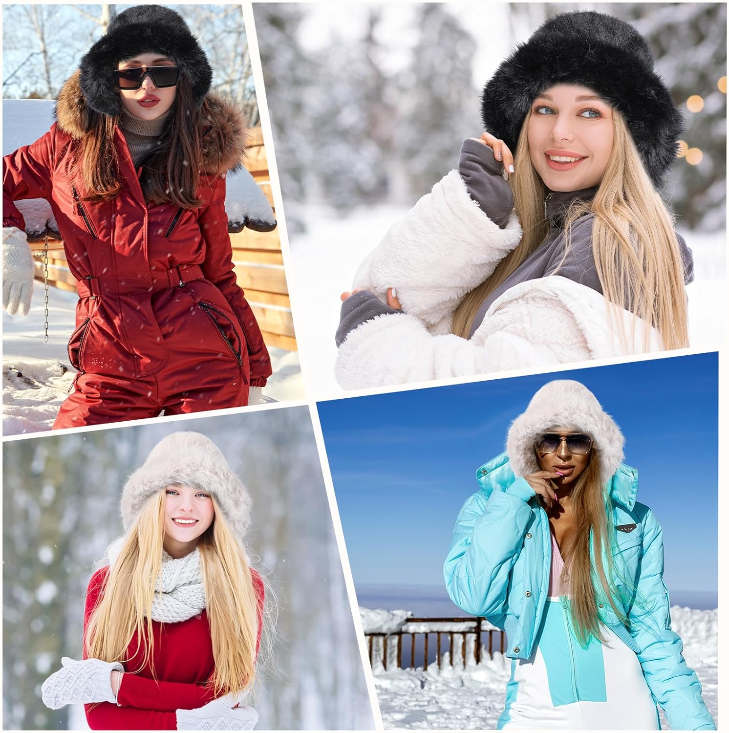 JenPen 2 Pcs Winter Furry Bucket Hat for Women Fluffy Faux Fur Bucket Hat Warmer Fisherman Cap Ladies Fluffy Snow Cap for Casual Trips Sports Skiing, Black and Beige-White - Image 5