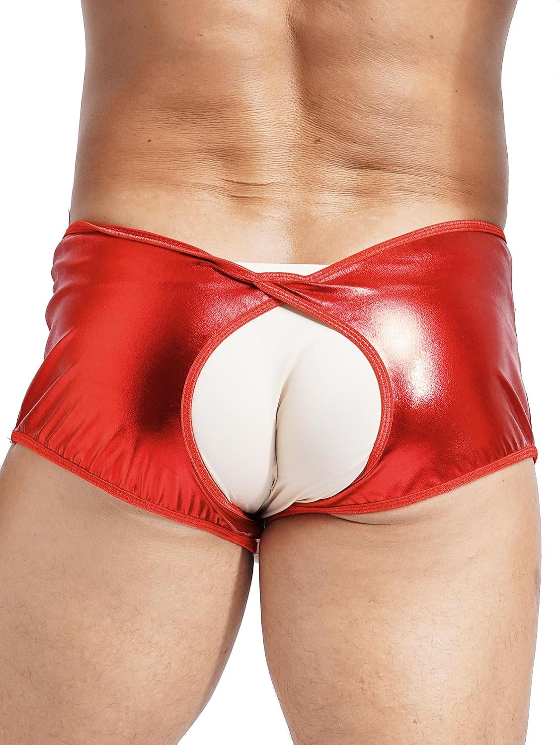 Vxuxlje Men's Metallic Open Crotch Underwear Low Rise Cut Out Boxer Briefs Booty Shorts
