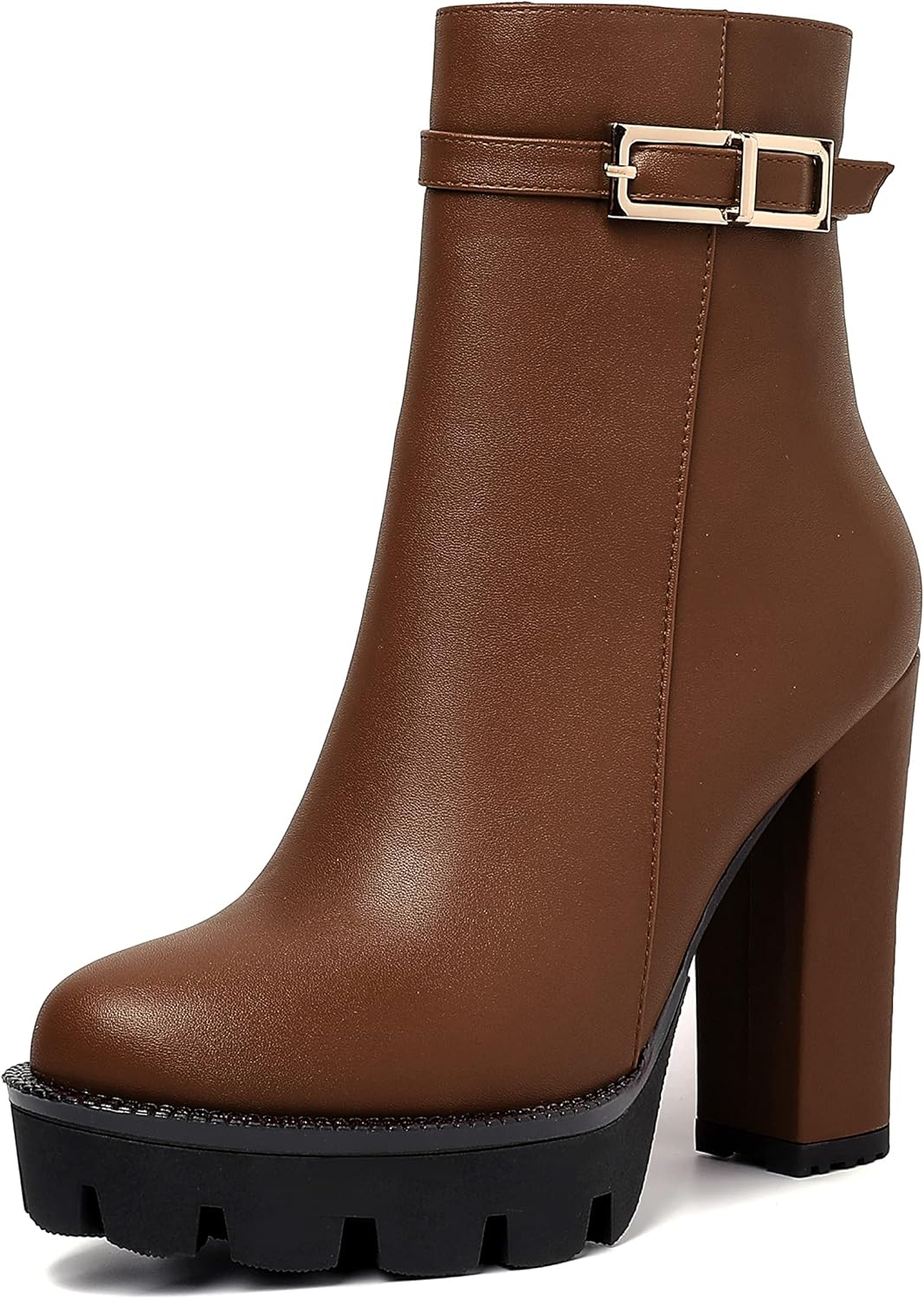 WAYDERNS Womens Party Platform Zip Solid Round Toe All Weather Matte Block High Heel Ankle High Boots 4.7 Inch