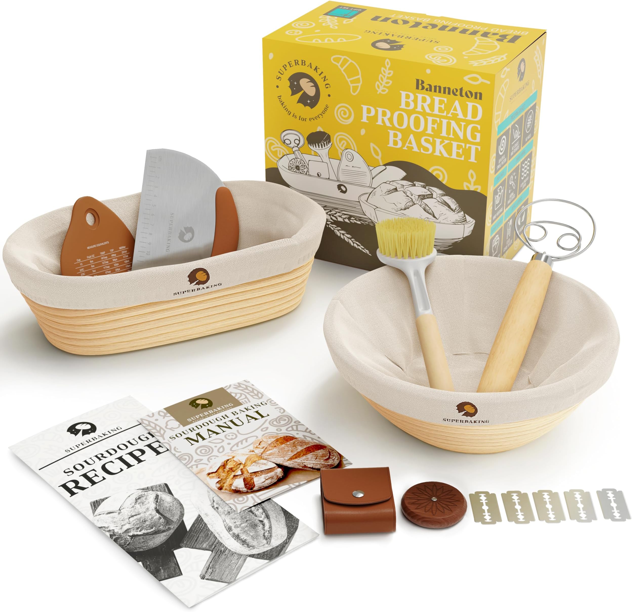 Superbaking Sourdough Proofing Basket Gift Set, Round 9" & Oval 10" Banneton, Sourdough Starter Kit, Sourdough Banneton Basket, Banneton Bread Proofing Basket Set of 2, Sourdough Bread Baking Supplies