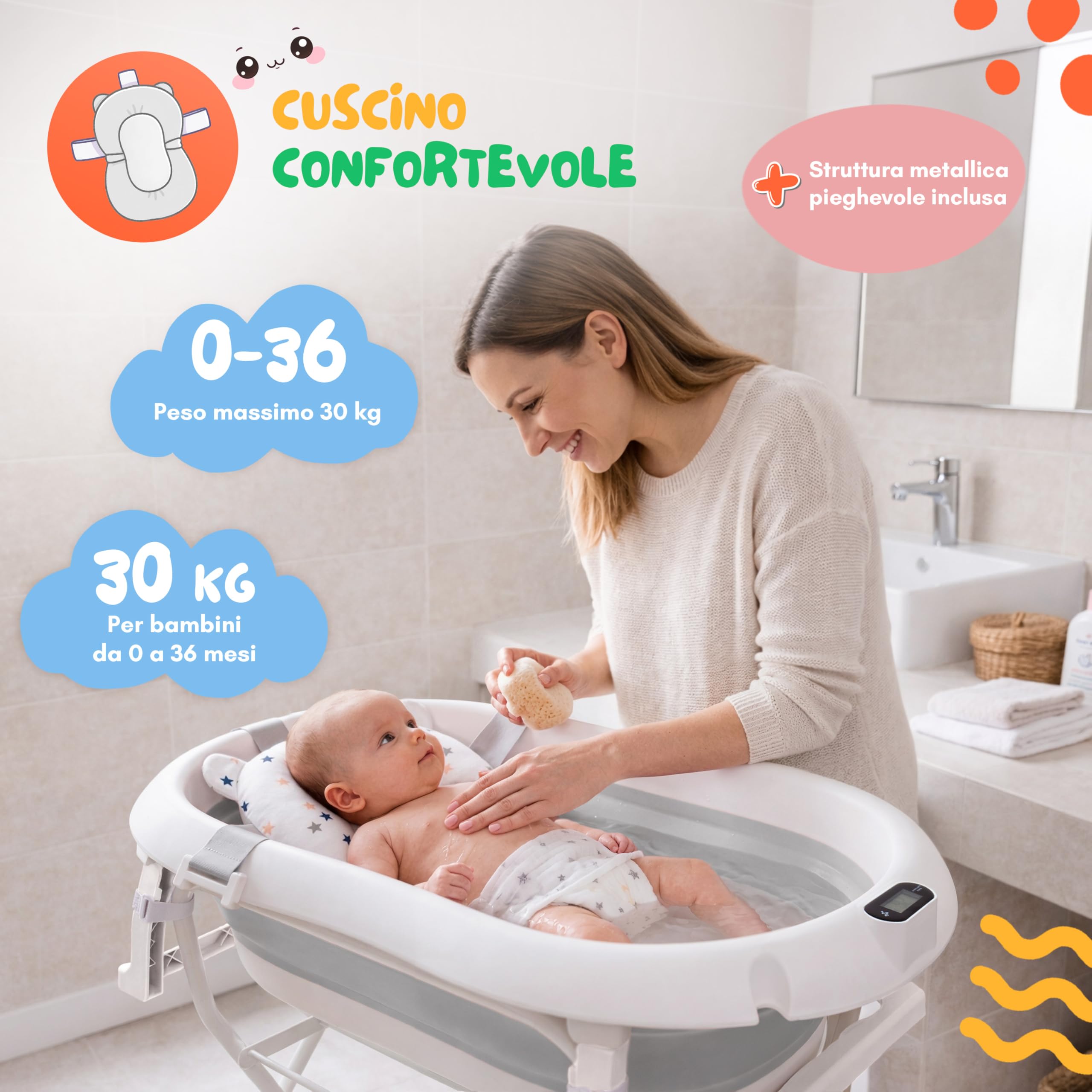 Pieghevole Vaschetta Bagnetto Neonato con Supporto 80cm - Vasca da Bagno Bambini 1-3 Anni con Termometro Incorporato e Tubo di Scarico - Offri il massimo comfort al tuo bambino