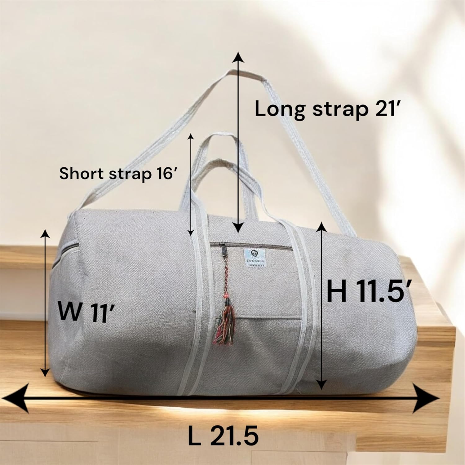 Style Savvy Hemp Gym bag/Travel Duffle Bag adjustable Shoulder Strap Gym, Swimming, Yoga, Sports, weekender bag 21.5x 11 x11 Inches, 35 LitersHemp Gym Bag adjustable strap,pockets with zipper (Large)