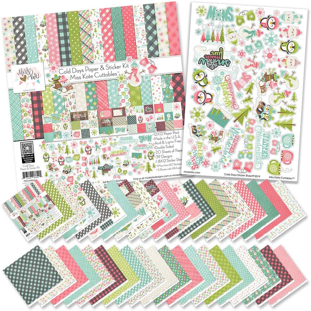 Miss Kate Cuttables Paper & Sticker Kit - Cold Days - Winter - 20 Double-Sided 12x12 Papers with 39 Designs & 1 8X12 Sticker Sheet - Scrapbooking Card Making Crafting
