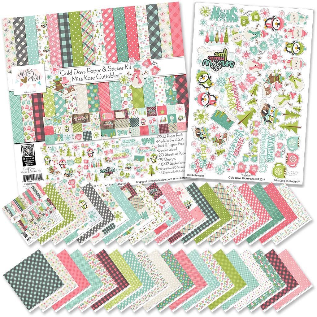 Miss Kate Cuttables Paper & Sticker Kit - Cold Days - Winter - 20 Double-Sided 12x12 Papers with 39 Designs & 1 8X12 Sticker Sheet - Scrapbooking Card Making Crafting