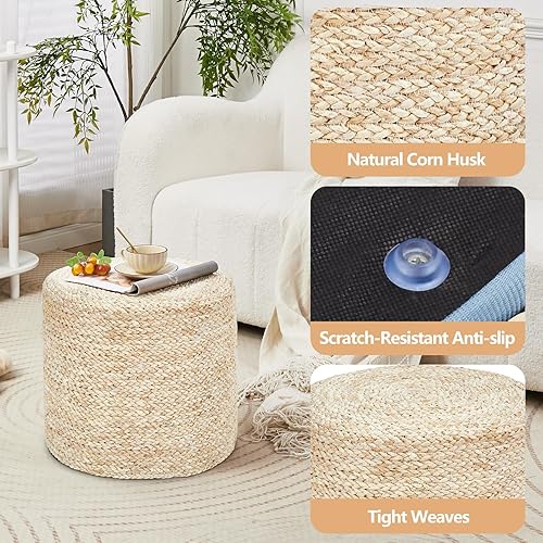 Miniatura 36 de Wimarsbon Puf otomano de 18 pulgadas, puf trenzado natural, puf rústico de tejido a mano, taburete reposapiés bohemio para dormitorio, mesa Cáscara