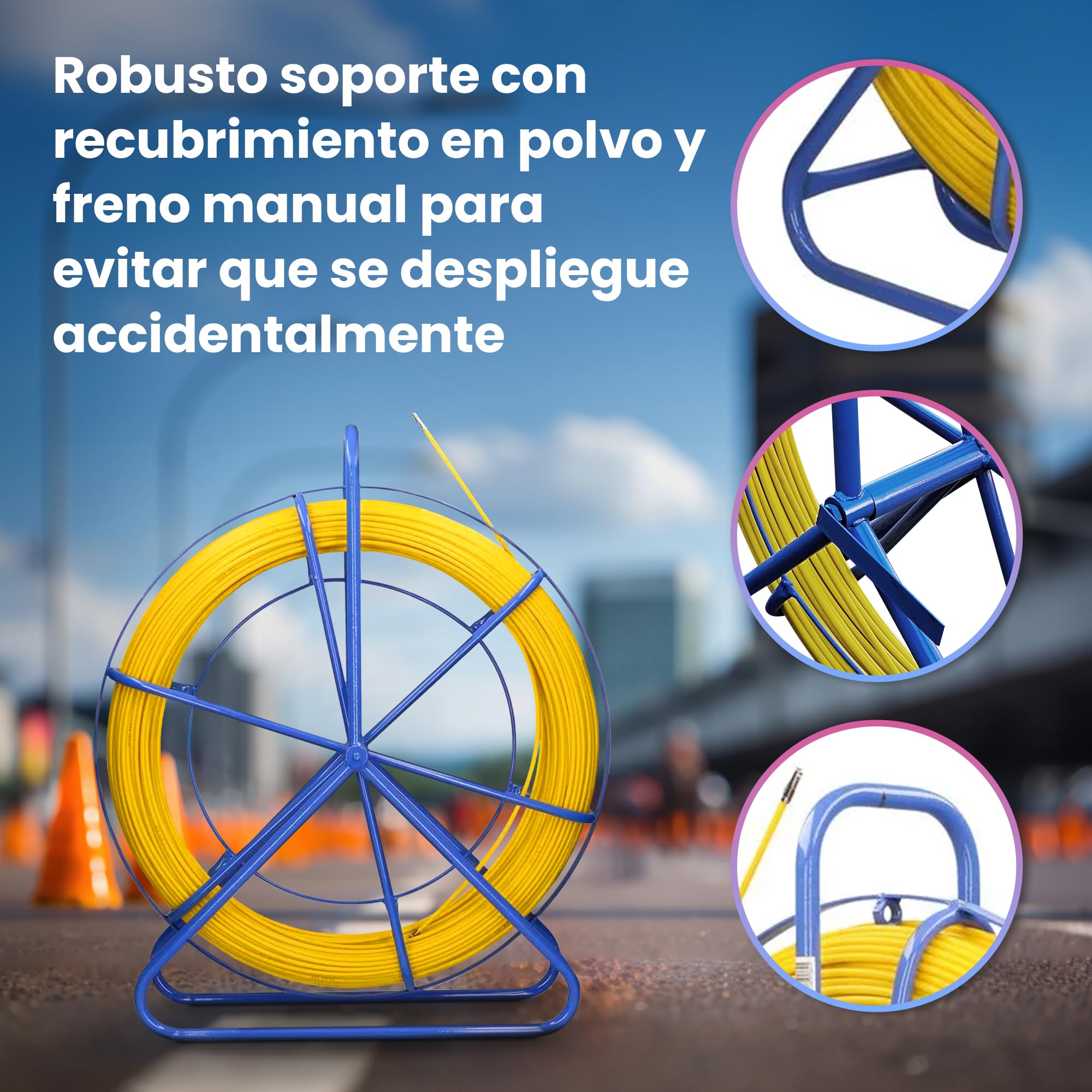 Extralink FRP varilla de fibra de vidrio de 6mm de diámetro 50m, tubo vacío con soporte para rodillos y freno, resorte retráctil con alta elasticidad y resistencia, accesorios de cable de fibra de