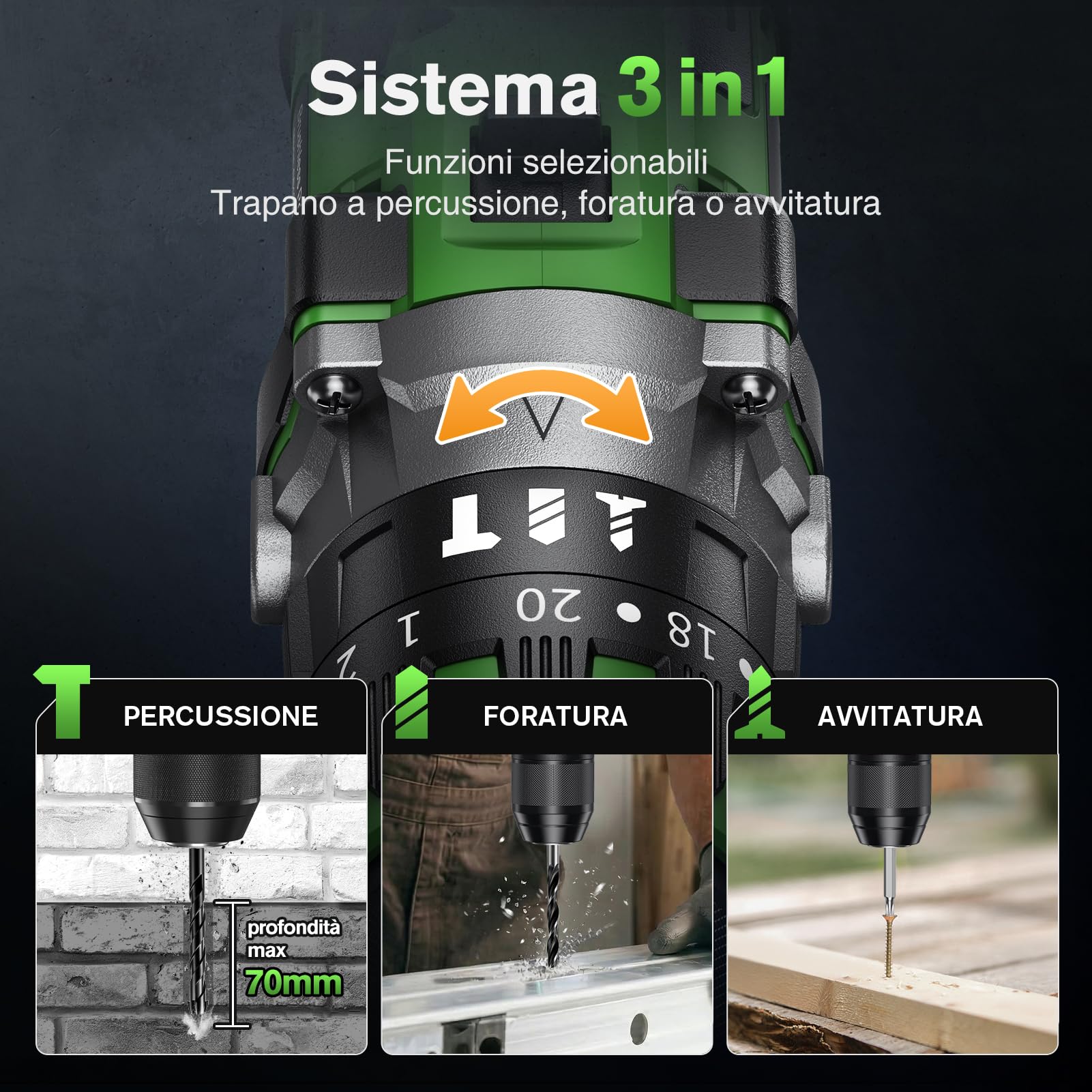 Ginour Avvitatore a Batteria 21V, 90Nm Brushless Trapano a Percussione | 2x2.0Ah 10C Li compatibile con Makita 18V, 22 Accessori, 20+3 Coppie, 2 Velocità, Trapani Avvitatori 13mm metallo Mandrino