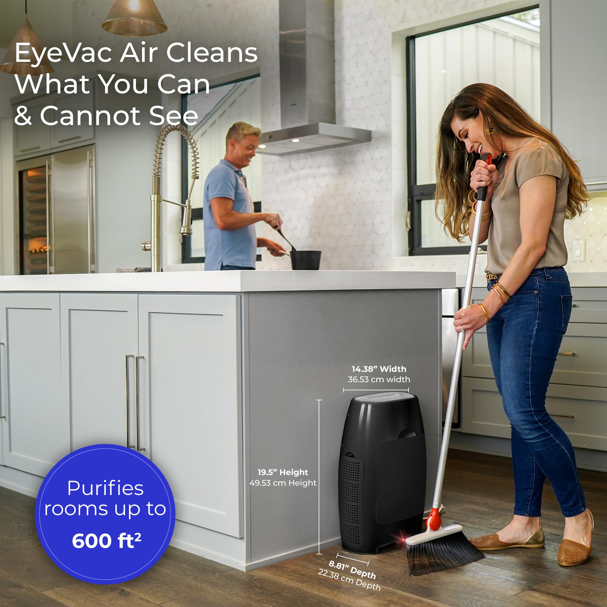 EYE-VAC EyeVac Air 2-in-1 HEPA Air Purifier & Touchless Vacuum Automatic Dustpan - Ultra Fast & Powerful - Covers 600 Sq ft - Corded Canister Vacuum, Bagless, Automatic Sensors, 1000 Watt (Black/Black) in use