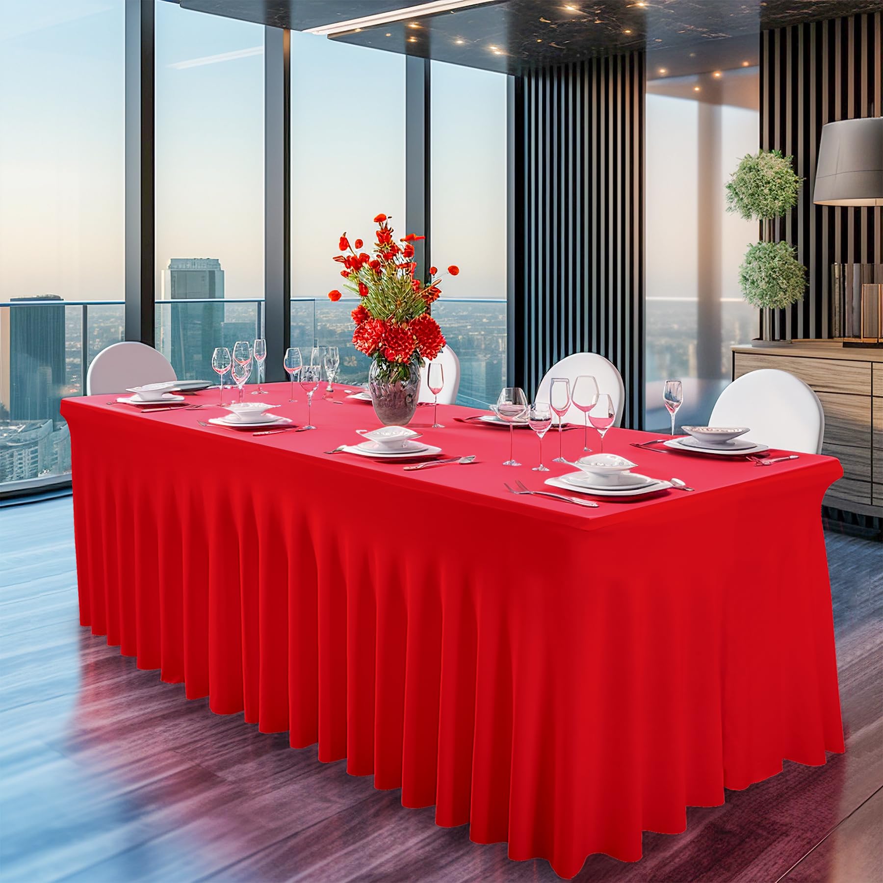 PARTISKY Red Spandex Table Skirts Table Covers for Rectangle Tables 6ft Red Stretchable Folding Table Cloth for Weddings, Birthday Parties, Banquet, Baby Shower