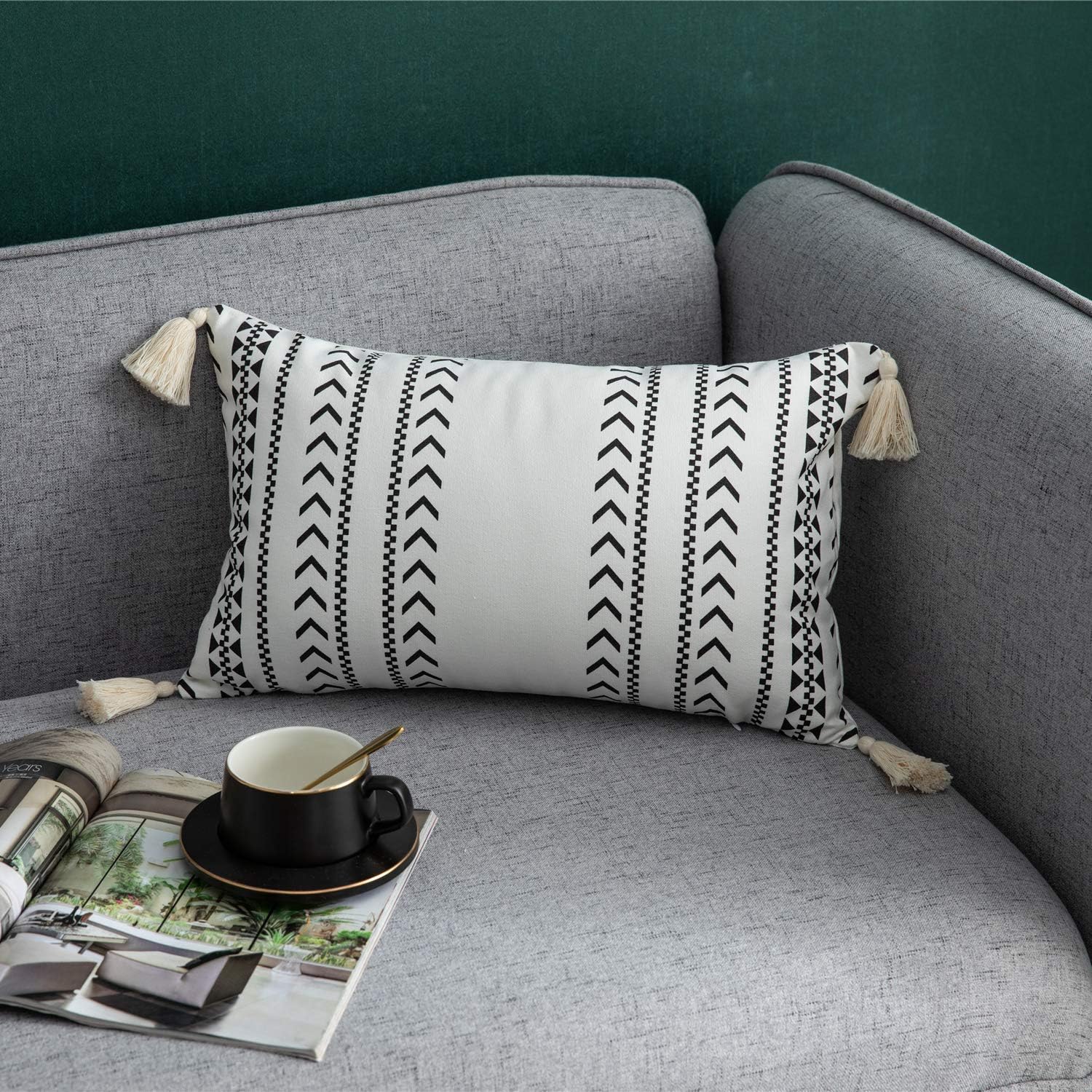 DEZENE Decorative Throw Pillow Covers for Couch Sofa Bed, 2 Pack 100% Cotton Rectangle Lumbar Pillow-Cases with Tassels, Boho Euro Cushion Covers for Farmhouse, Kids, 12 x 20 Inch Black and White