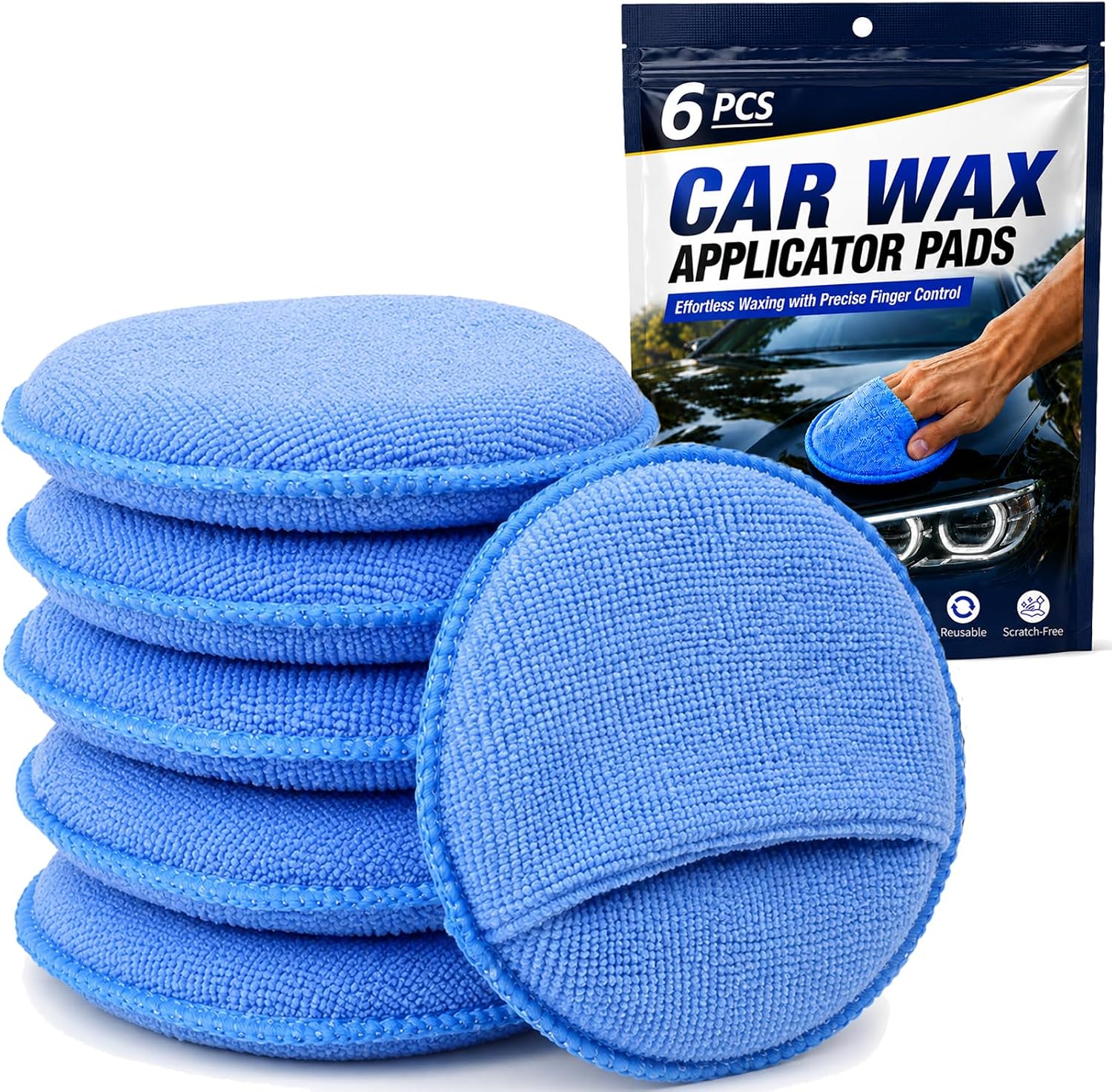 Car Wax Applicator Pads 6 Pack, Microfiber Foam Sponge Buffing Polishing Pads Finger Pocket for Car Detailing Waxing, Scratch-Free, Reusable & Machine Washable