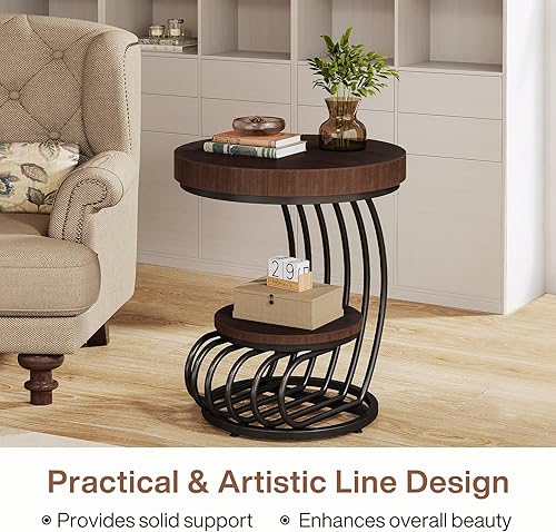 Miniatura 6 de Tribesigns Mesa auxiliar redonda, mesa auxiliar de madera de 2 niveles con almacenamiento de estantes, mesita de noche lateral para sofá pequeño,