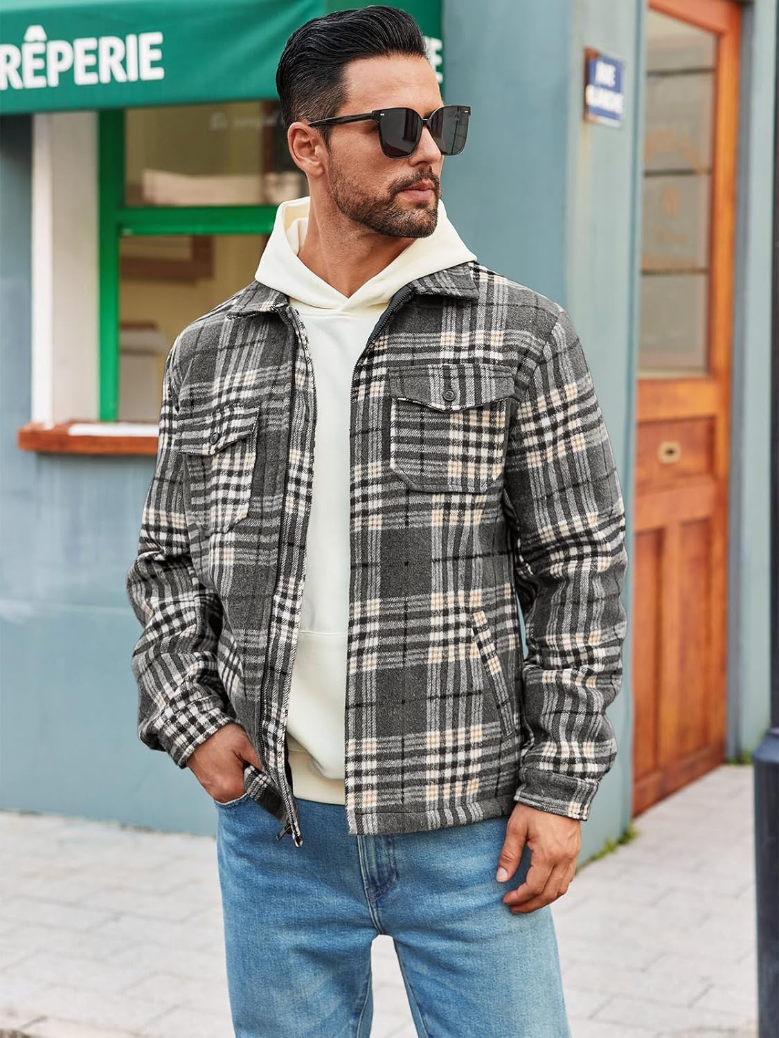 Mens Fleece Jacket Sherpa Lined Zip Up Buffalo Plaid Flannel Coat Casual Long Sleeve Warm Fall Winter Outwear - Image 2