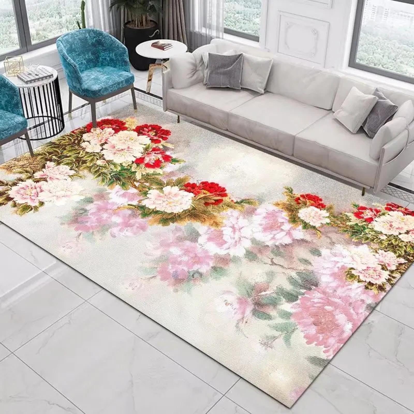 Tapis imprimé pivoine grand format 160x230 cm lavable et antidérapant pour salon