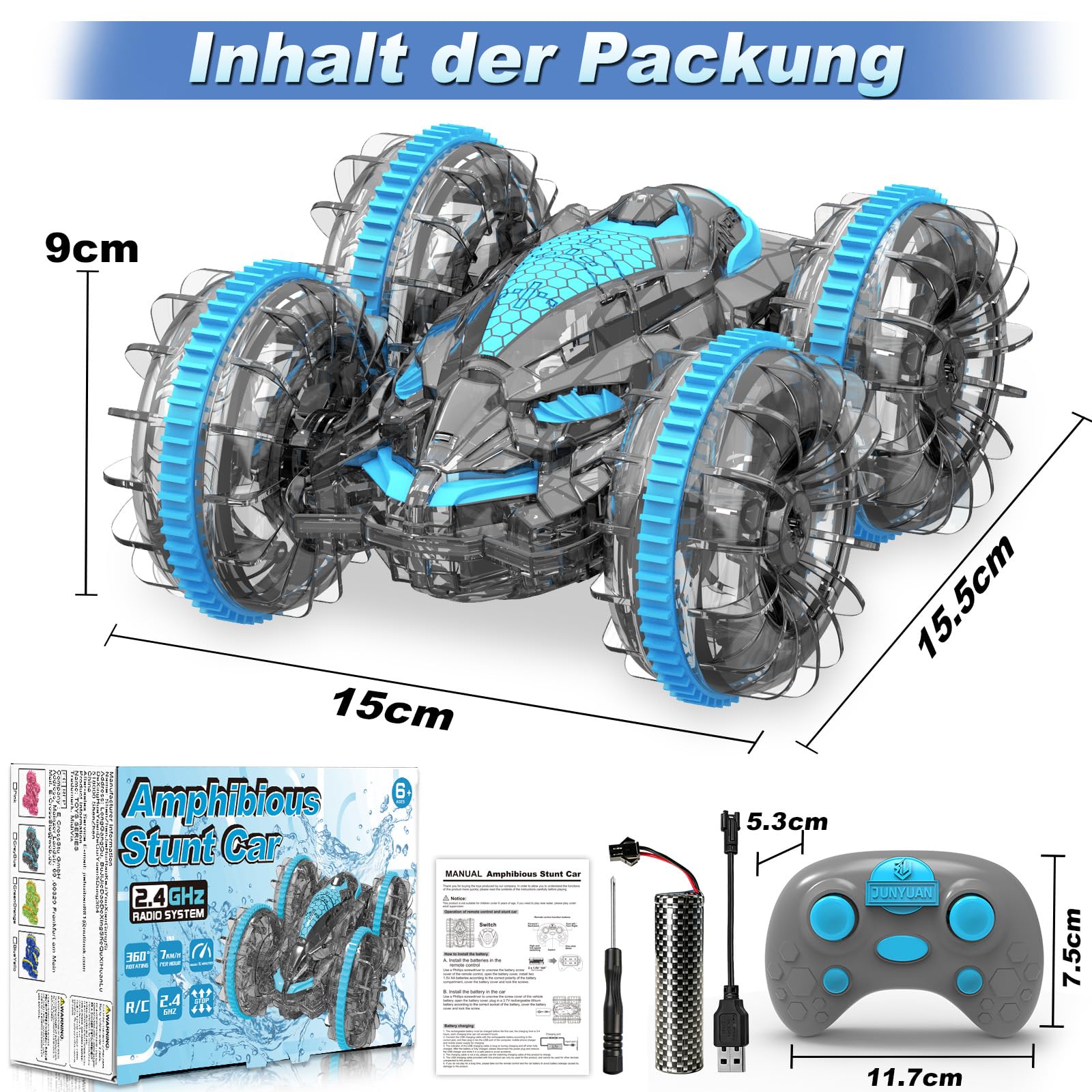 MidiVix Coche anfibio teledirigido, tiempo de juego de 90 minutos, 2,4 GHz, doble cara, giratorio 360°, con iluminación RGB, 4WD RC Auto Juguetes Regalos para niños 6-12 Gris Azul