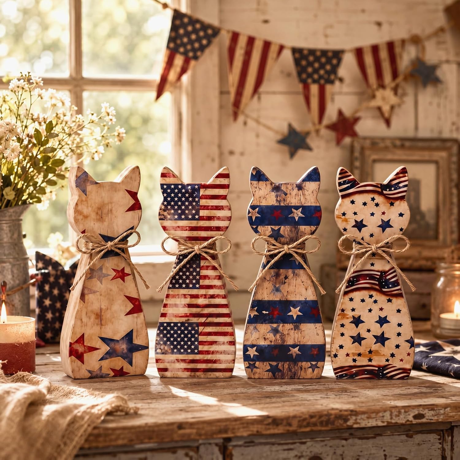 RattanView 4 Pcs 4th of July Table Decorations Vintage Patriotic Wooden American Cat Sign Memorial Day Tiered Tray Decor Cute Kitten Desktop Decoration for 250th Anniversary Home Office Shelf