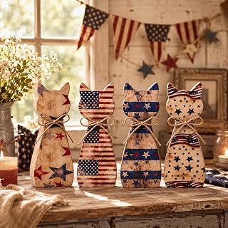 RattanView 4 Pcs 4th of July Table Decorations Vintage Patriotic Wooden American Cat Sign Memorial Day Tiered Tray Decor Cute Kitten Desktop Decoration for 250th Anniversary Home Office Shelf