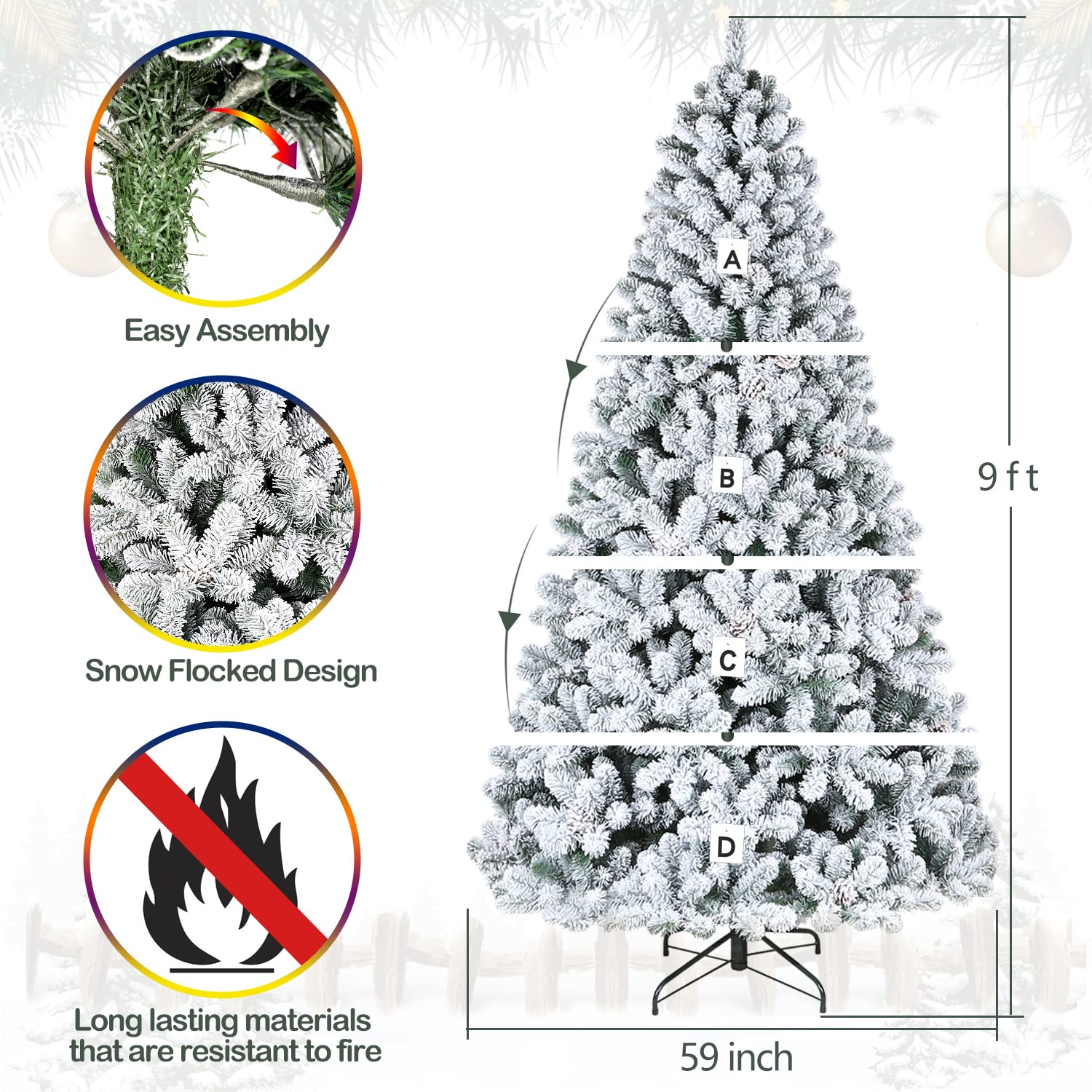 Hykolity 9 Ft Snow Flocked Artificial Christmas Tree