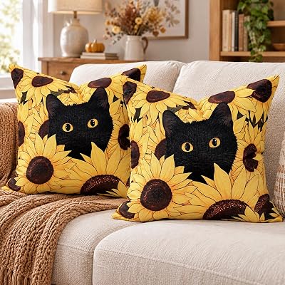 Floral Throw Pillow Covers Black Cat Sunflower Farmhouse Couch Covers 20x20