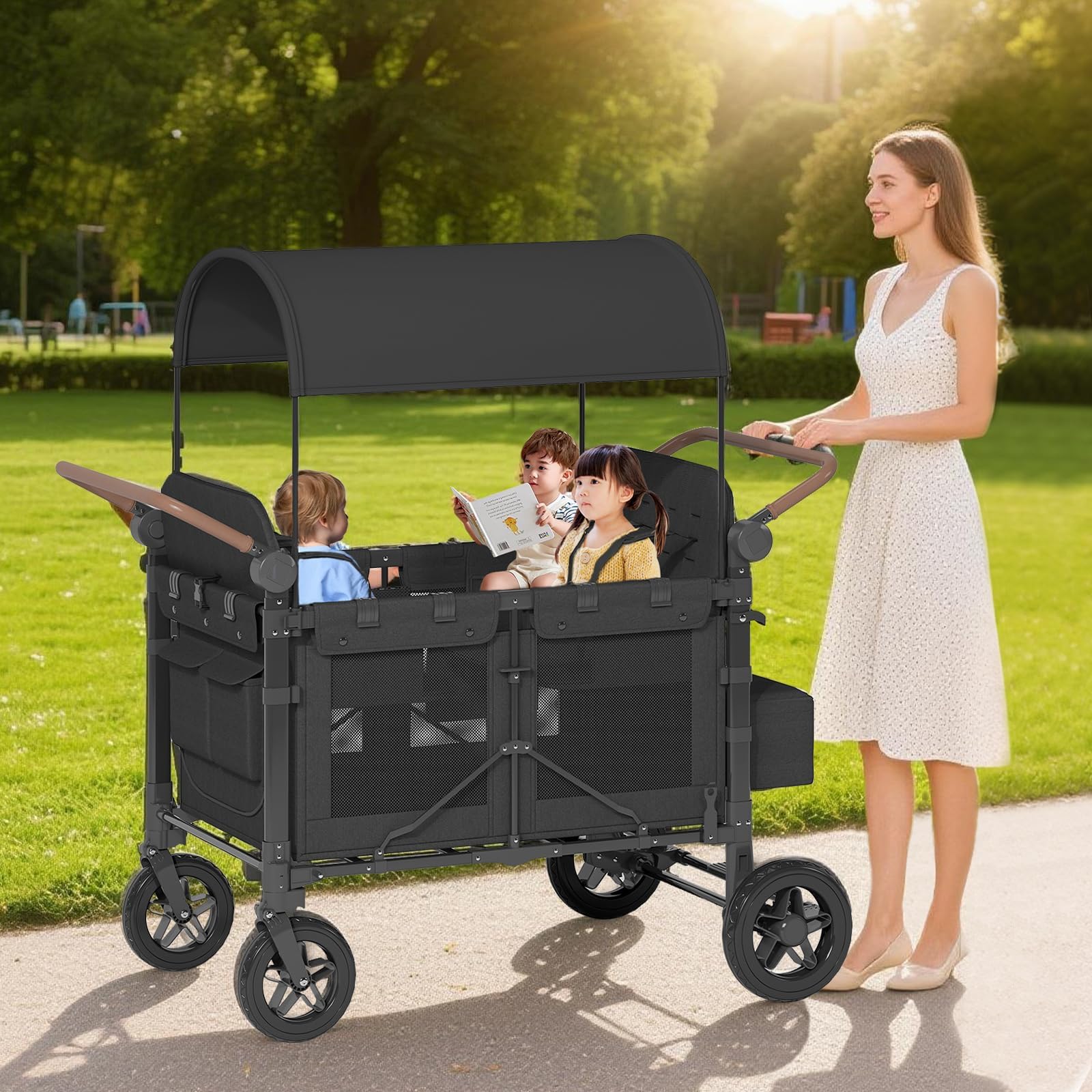 Muhub 4 Seater Wagon Stroller,Foldable Stroller with Safety Belt, Puncture-Proof Tires, All-Terrain Wagon with 360° Swivel Lockable Wheels, Large