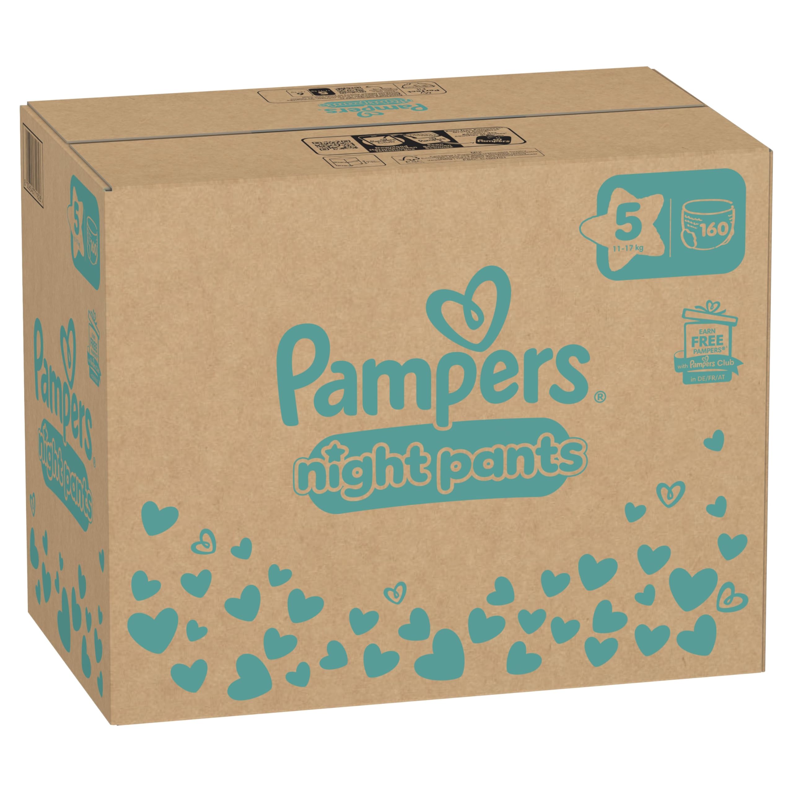 Pampers Night Pants, Taille 5, 160 Couches-Culottes, 11-17kg, Maintien 360° Contre Les Fuites Avec Un Cœur Super Absorbant Pour Une Protection Renforcée Toute La Nuit, Pack 1 Mois