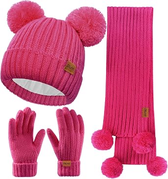 Kids Winter Hat Gloves Scarf Set, Knit Neck Warmer for Boys Girls Beanie & Mittens with 2 Sizes 2-8 & 9-15 Years