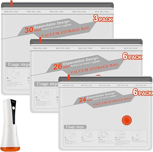 Miniatura 1 de Bolsas de vacío de viaje con kit de bomba recargable, paquete de 15 bolsas de compresión para viajes y hogar, ahorro de espacio para ropa, mantas,
