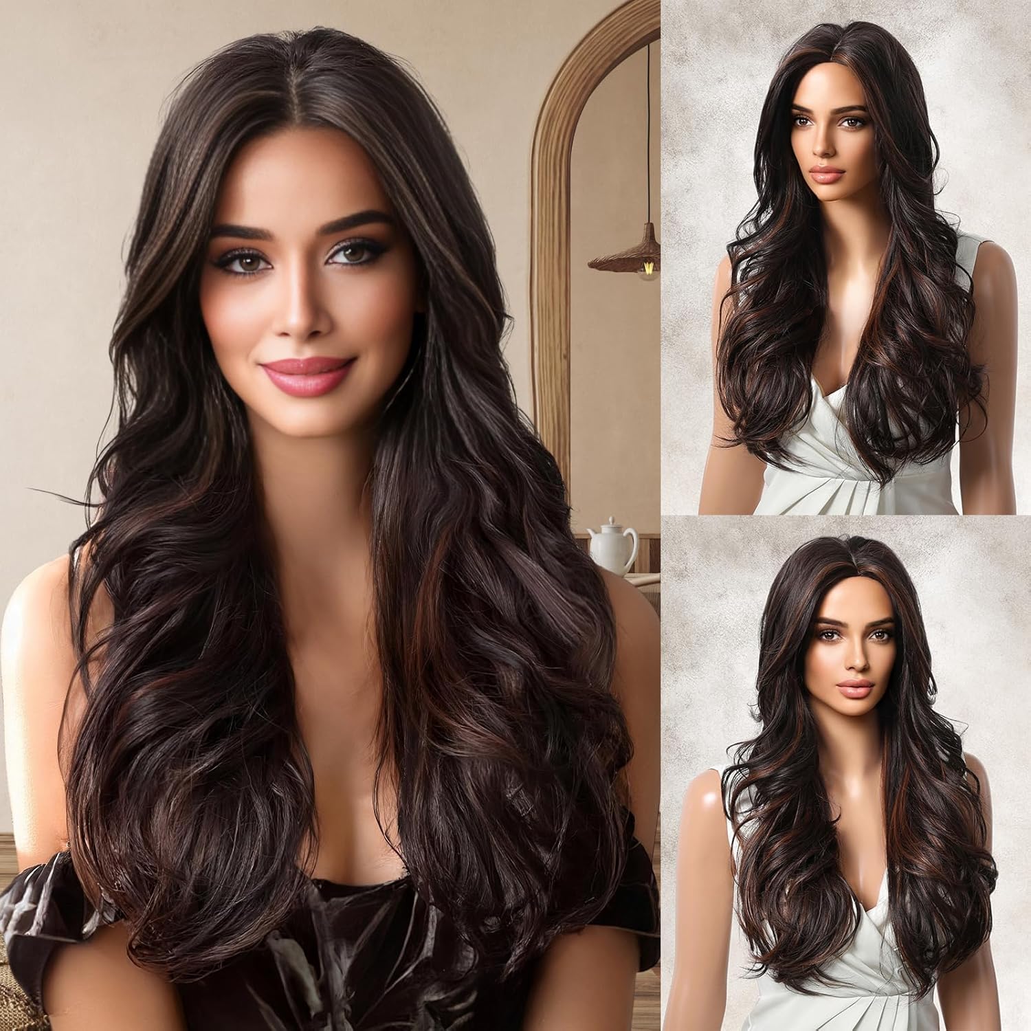 Brown Highlight Wig 26 Inch Long Wavy Wigs for Women Middle Part Synthetic Hair Wavy Wig with Upgraded Strands,Natural Hair Wig for Daily Party Date Use Blonde Highlight Mixed Dark Brown