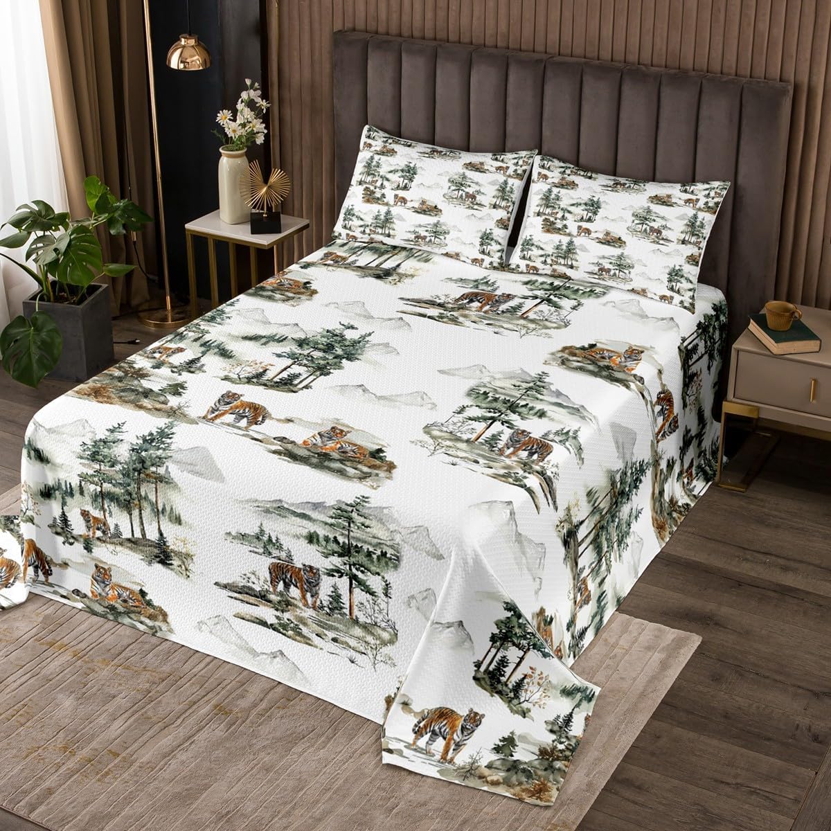 Erosebridal Cute Rabbit Bedspread Set King for Girls Women Kawaii Bunny Quilt Set Oriental Watercolor Painting Bedspread Sets Rustic Nature Woodland Coverlet Set