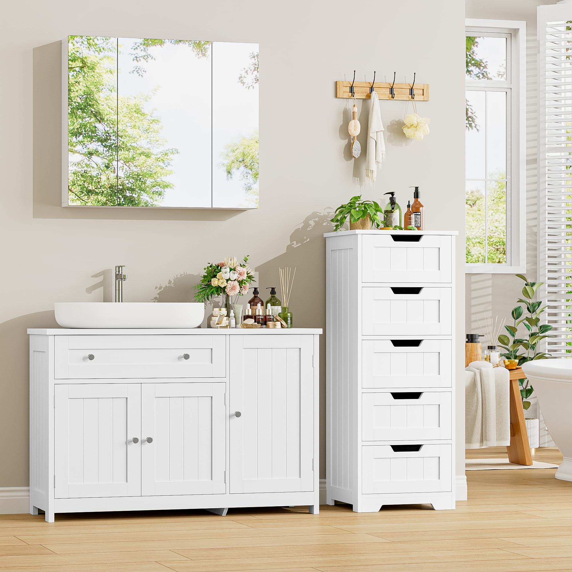 FOREHILL 90cm Mueble Bajo Lavabo, Mueble Baño, Blanco, 90x30x61,5cm | Mueble Lavabo con Pie, con 3 Puertas, 1 Cajón, Estantes Ajustables