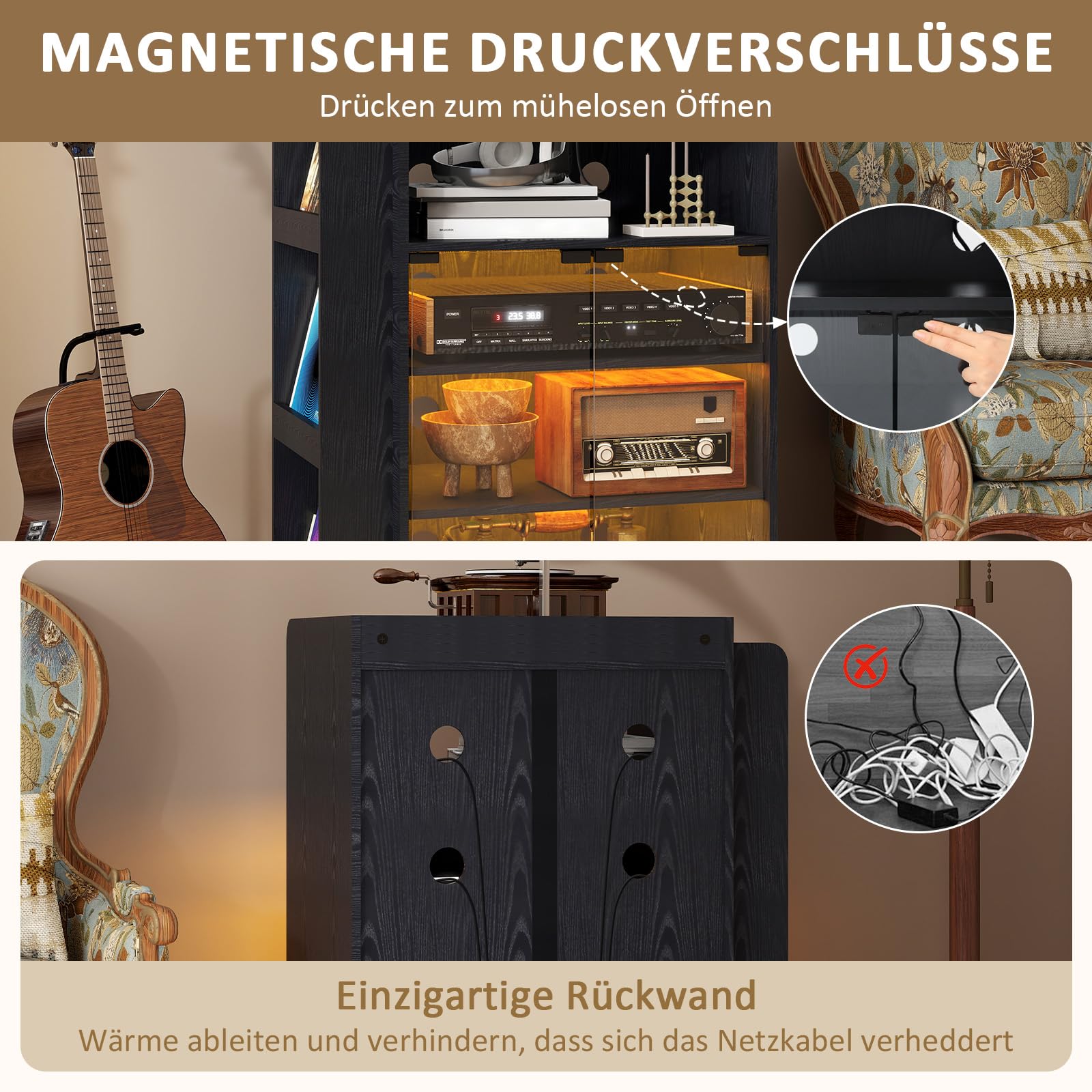 YU YUSING HiFi Rack mit Steckdosenleisten LED-Leuchten4 Ebenen mit Rädern