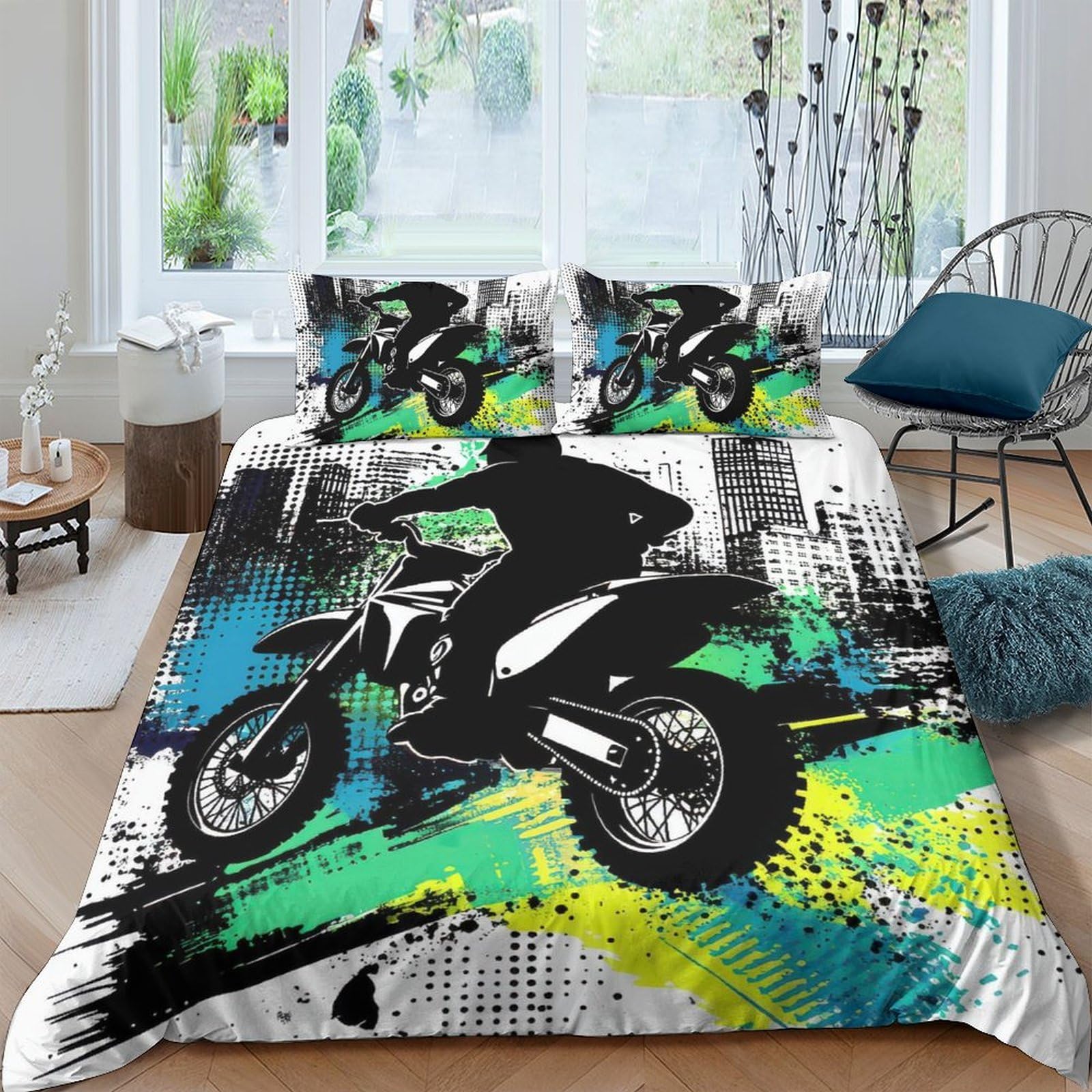 Ctjqhvkz Style-9 3D Printed Motocross Graffiti Fitted Sheet Microfiber Soft Breathable Urban Street Bed Cover For Bedroom Decor Single（135X200cm）