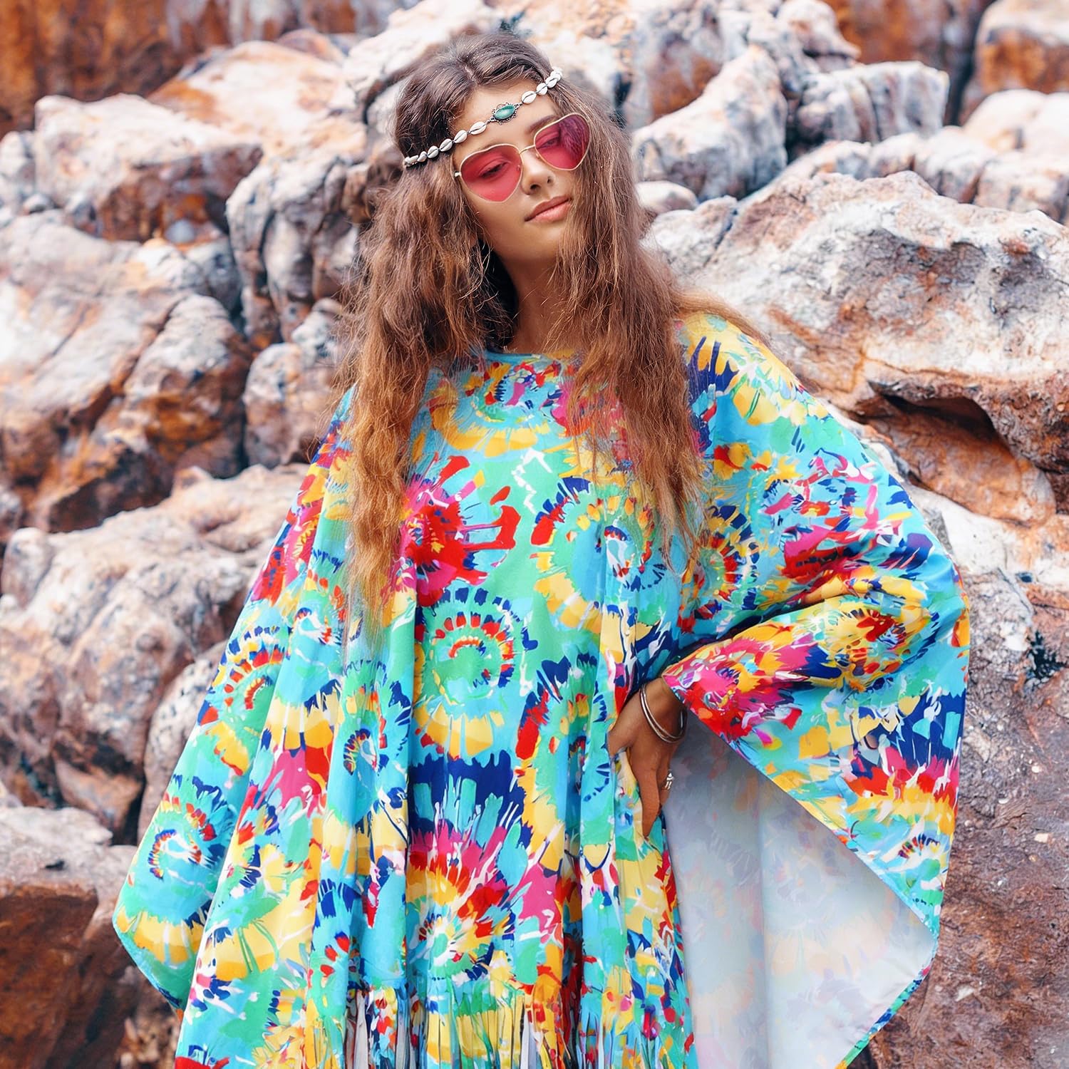 Alintor Hippie Kostüm Damen, 70er Jahre Outfit Damen, Flower Power Kleidung, Schlagermove Outfit, Faschingskostüme, Karneval