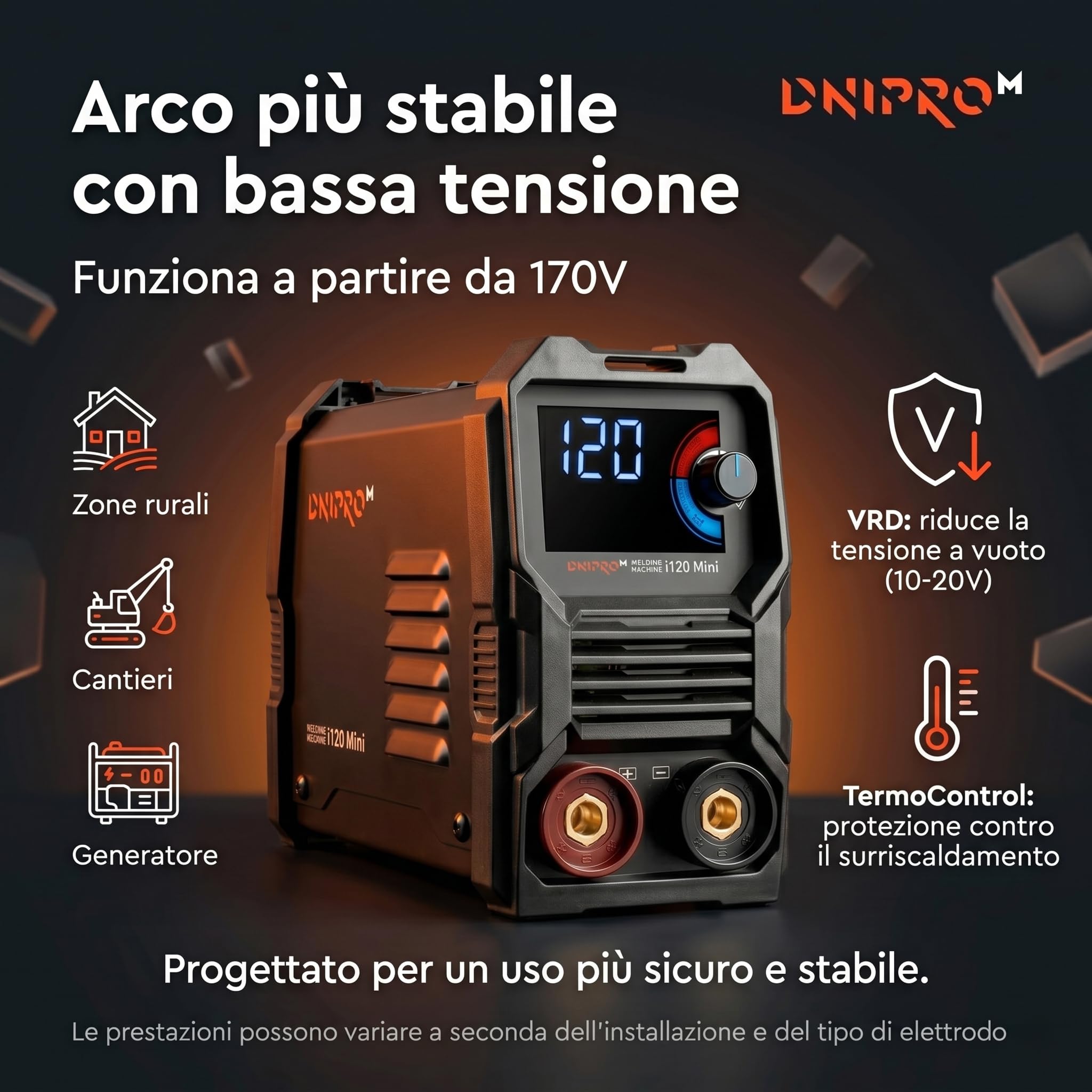 Saldatrice Elettrodo i120 Mini 120A 230V - Saldatrice con Hot Start, ArcForce, AntiStick, VRD e Display LED - Saldatrice Inverter Elettrodo per Ferro e Acciaio di Dnipro-M