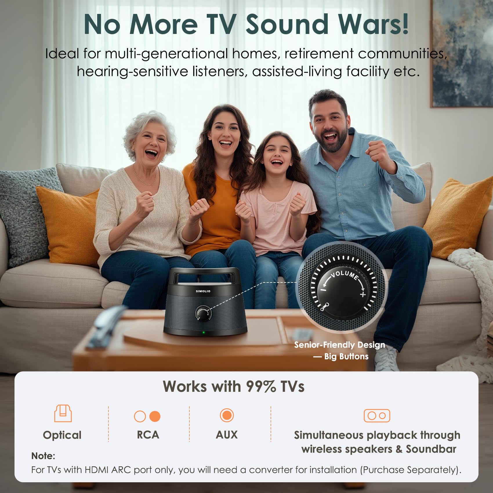 SIMOLIO Enceintes TV sans Fil Seniors Malentendants Bluetooth Haut-parleurs 3 Modes Égalisation Améliorateur Dialogue 164 Pieds