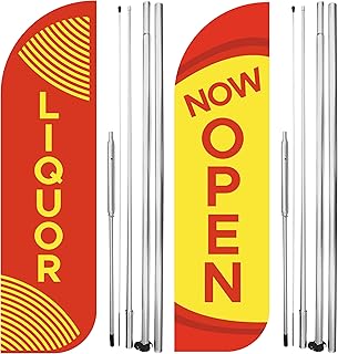 OnPoint Wares Liquor Store Now Open King Flags Pack of 2 | 3ft x 11.5ft Outdoor Advertising Feather Banners | Durable Weatherproof Polyester Business Flags (With Complete Hybrid Pole Set)