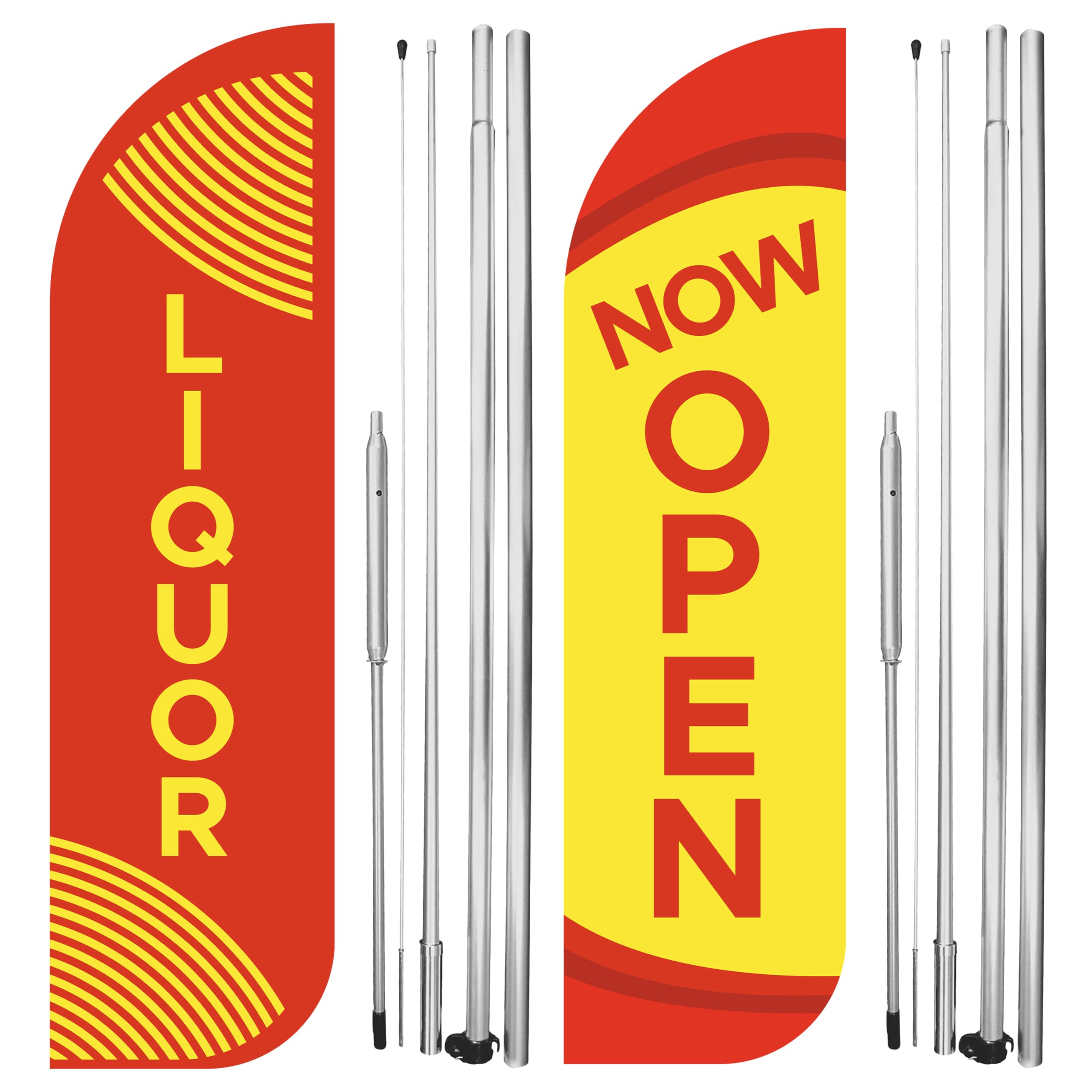 Liquor Now Open King - Juego de 2 carteles de bandera sin viento con poste híbrido completo